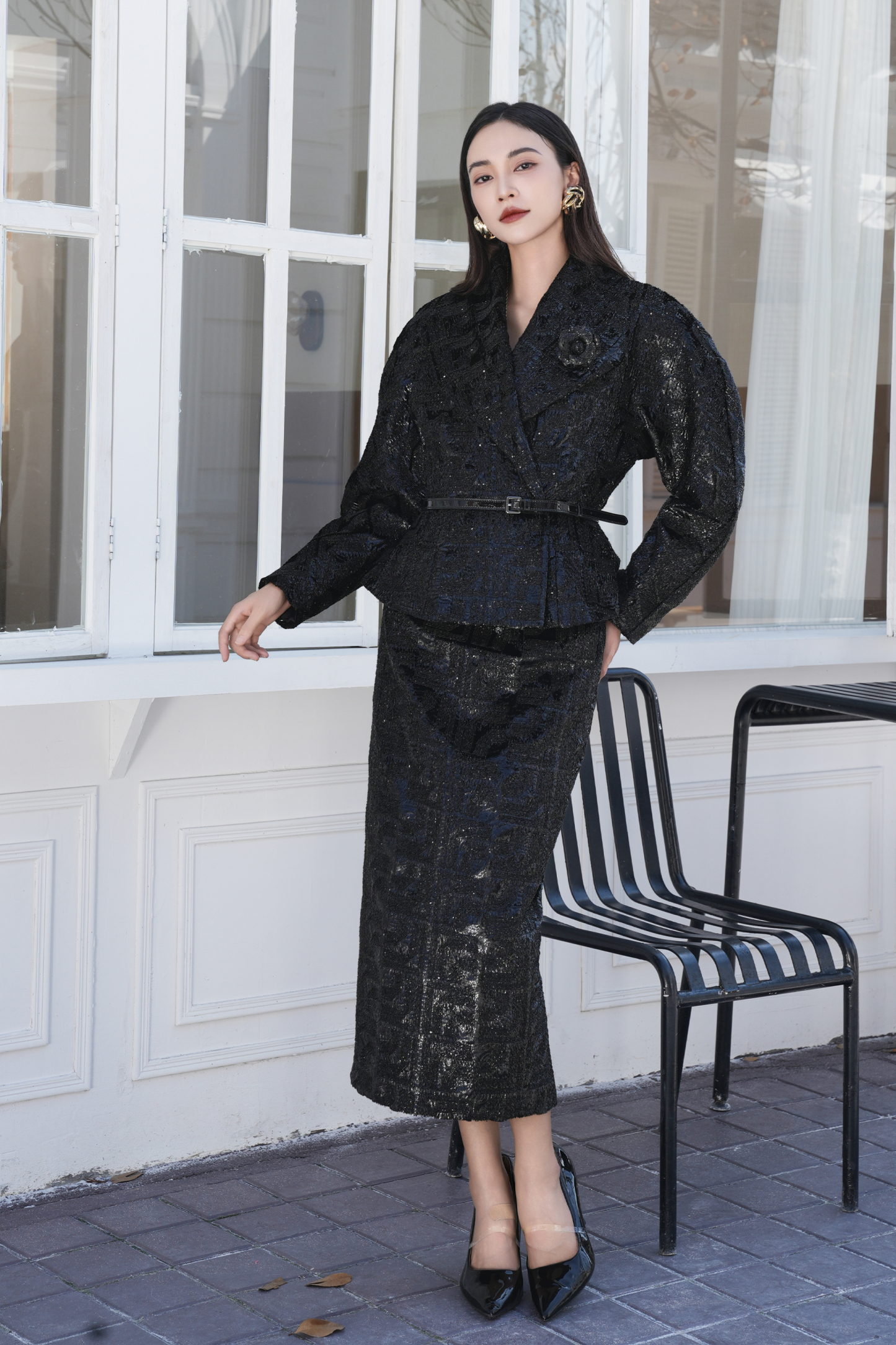 BESIONIA Black Sequin Jacquard Outerwear