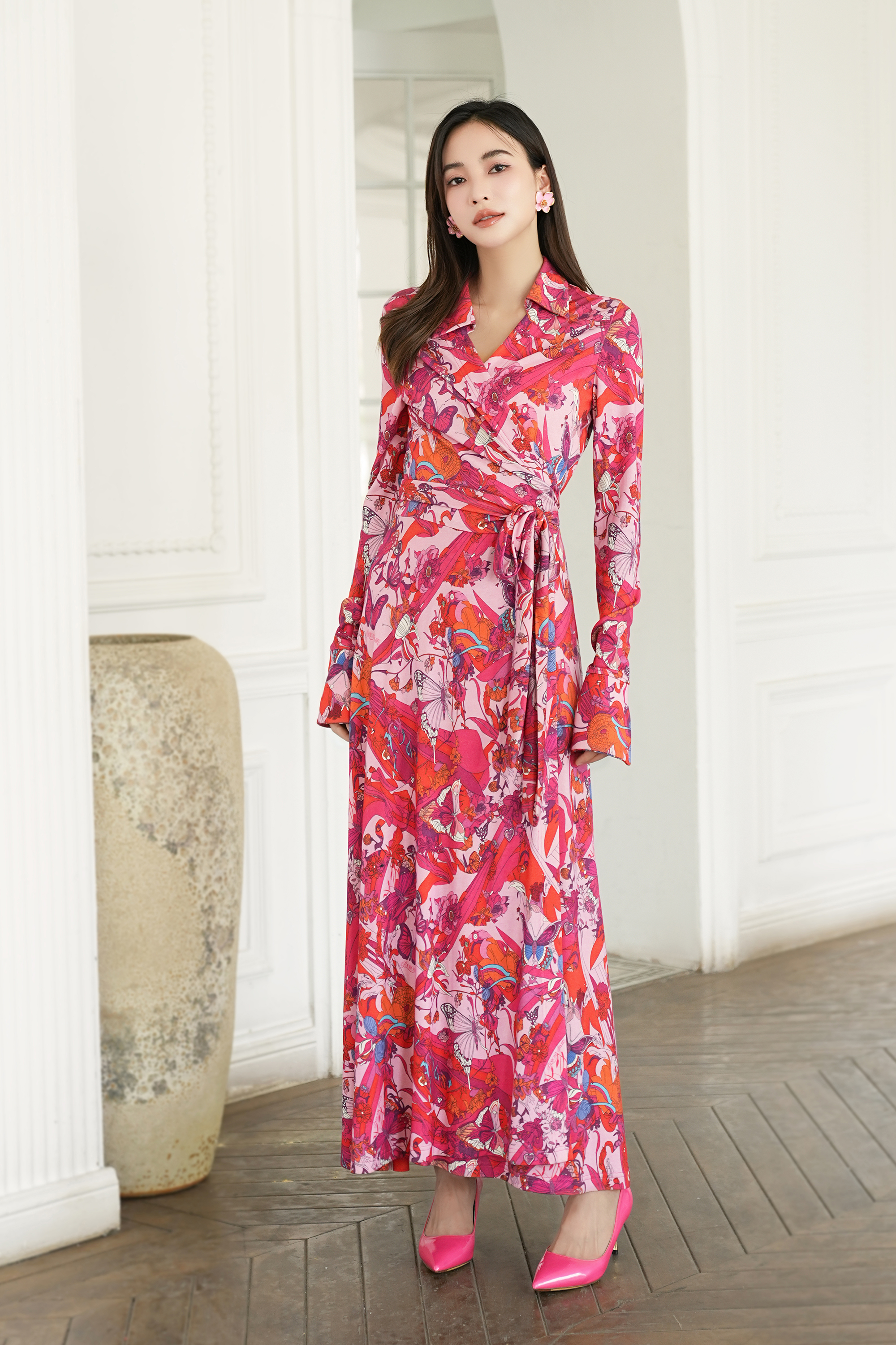 BESIONIA Lace-up Printed Wrap Dress