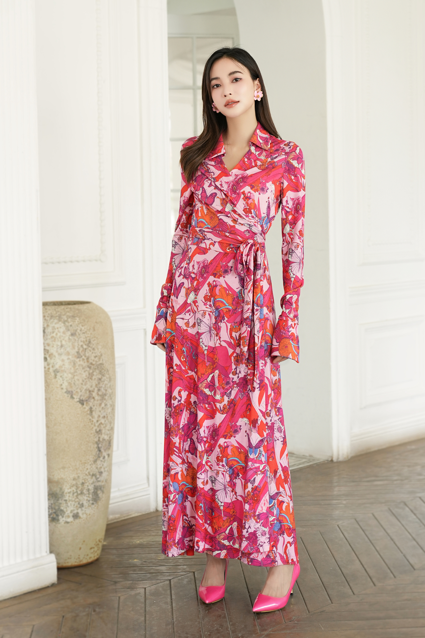 BESIONIA Lace-up Printed Wrap Dress