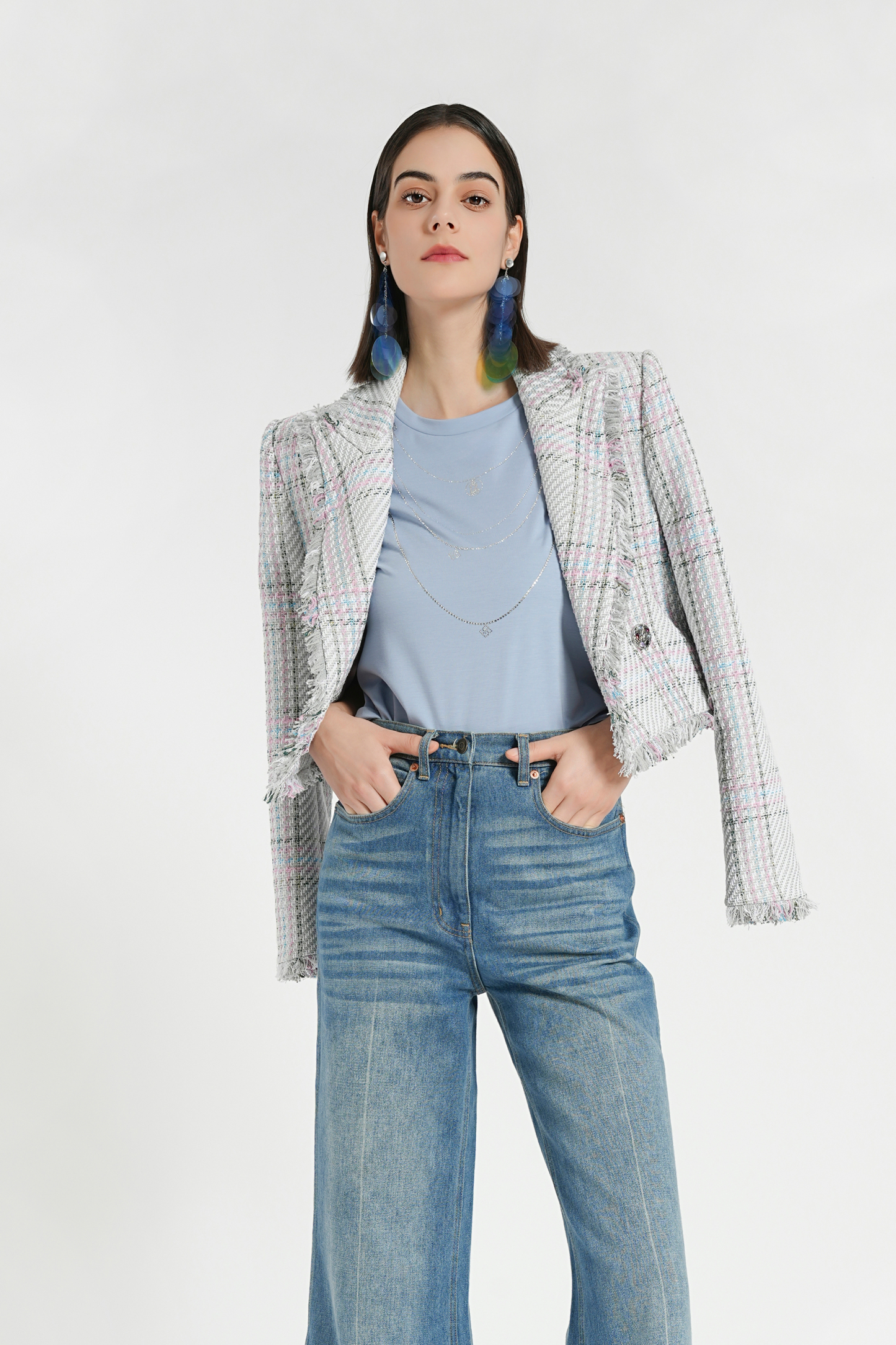 BESIONIA Vintage plaid tweed short jacket