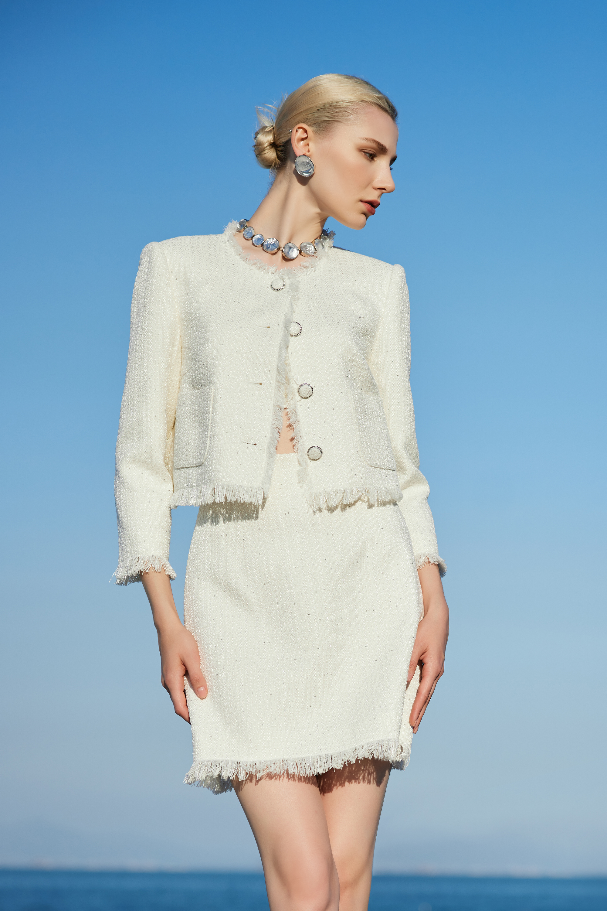 BESIONIA Plaid Wooden Trim Short Jacket