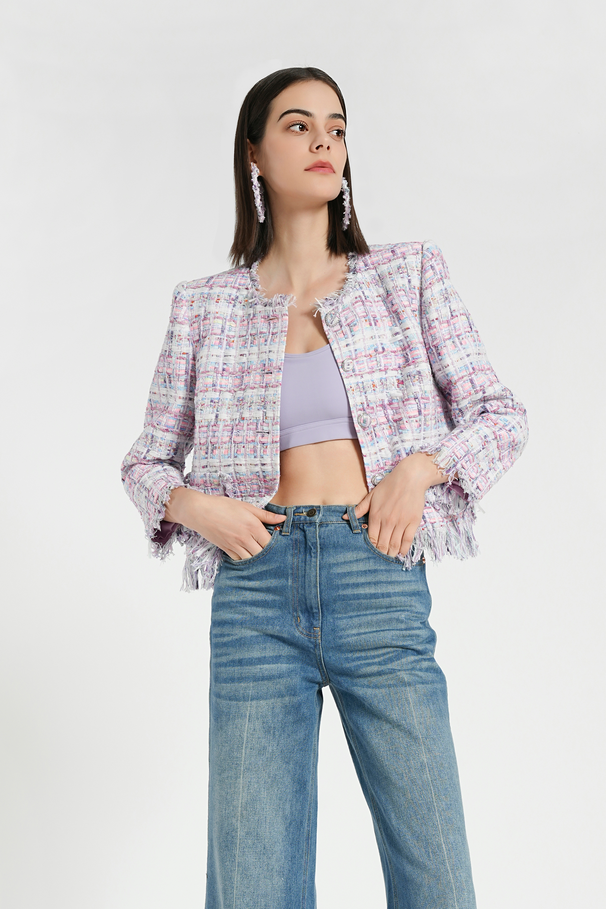 BESIONIA Little Fragrance Purple Check Short Jacket