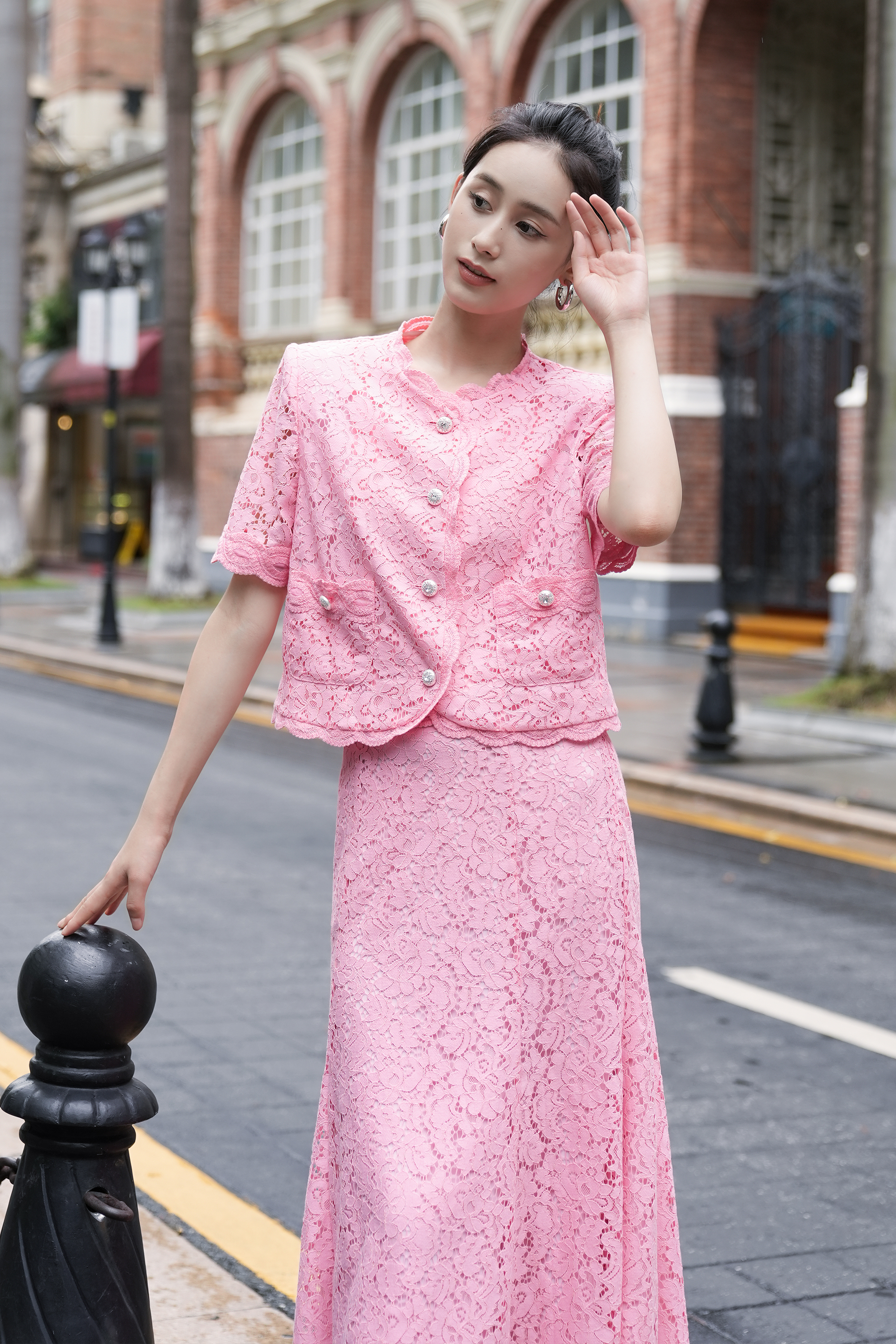 BESIONIA Printed Lace Peplum Blouse