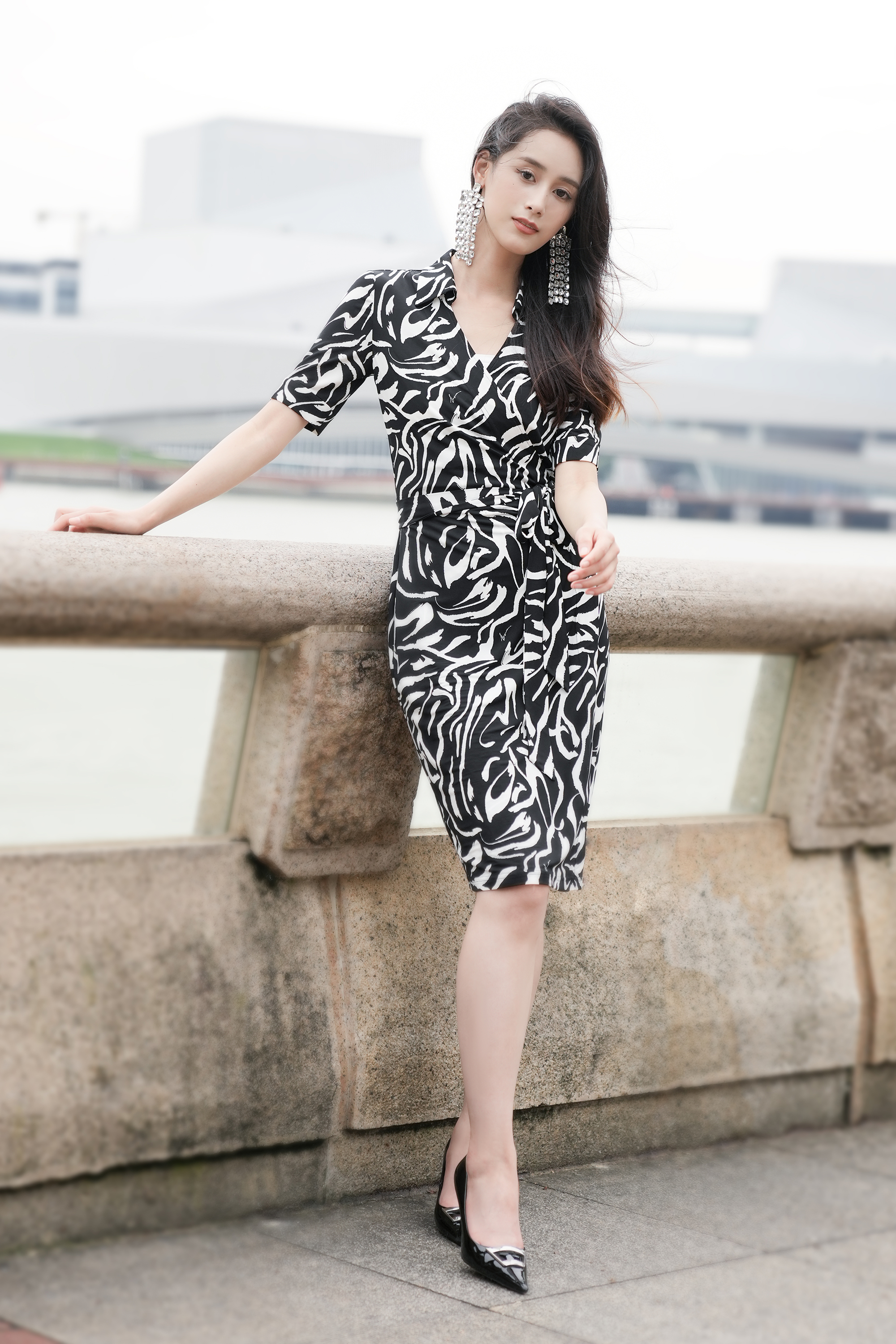 BESIONIA Printed Tie Waist Dress