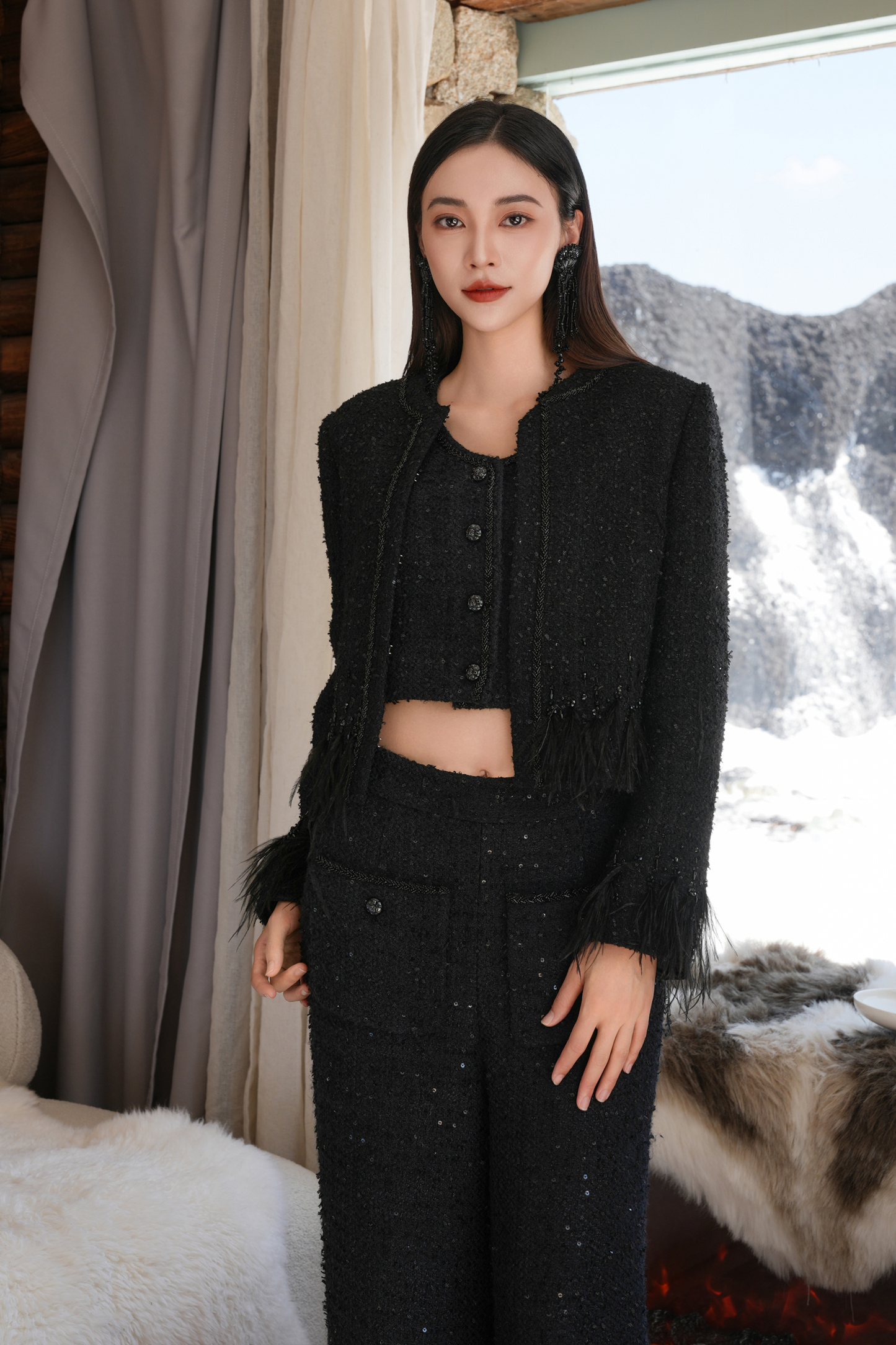 BESIONIA Black Tweed Casual Pants