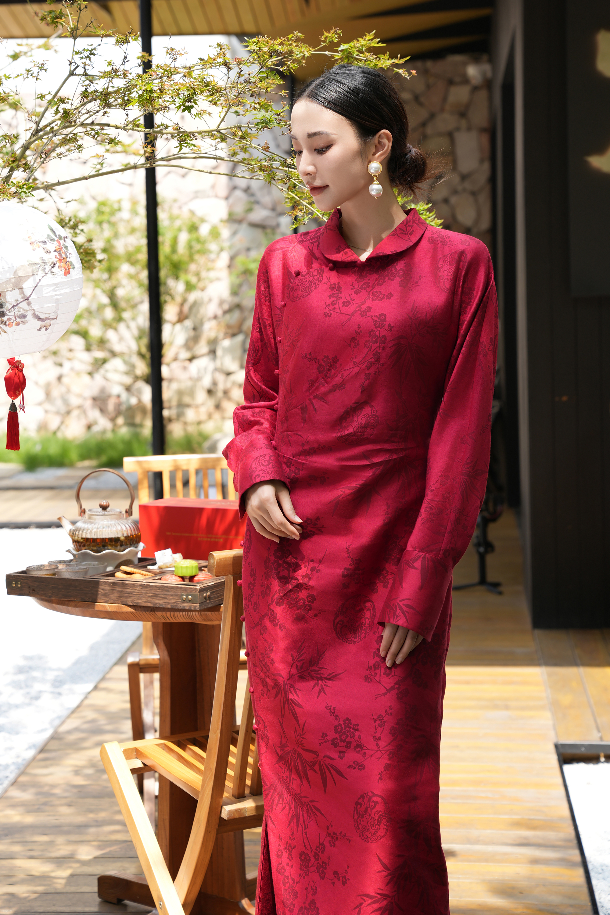 BESIONIA New Chinese Drawstring Printed Lace-Up Dress