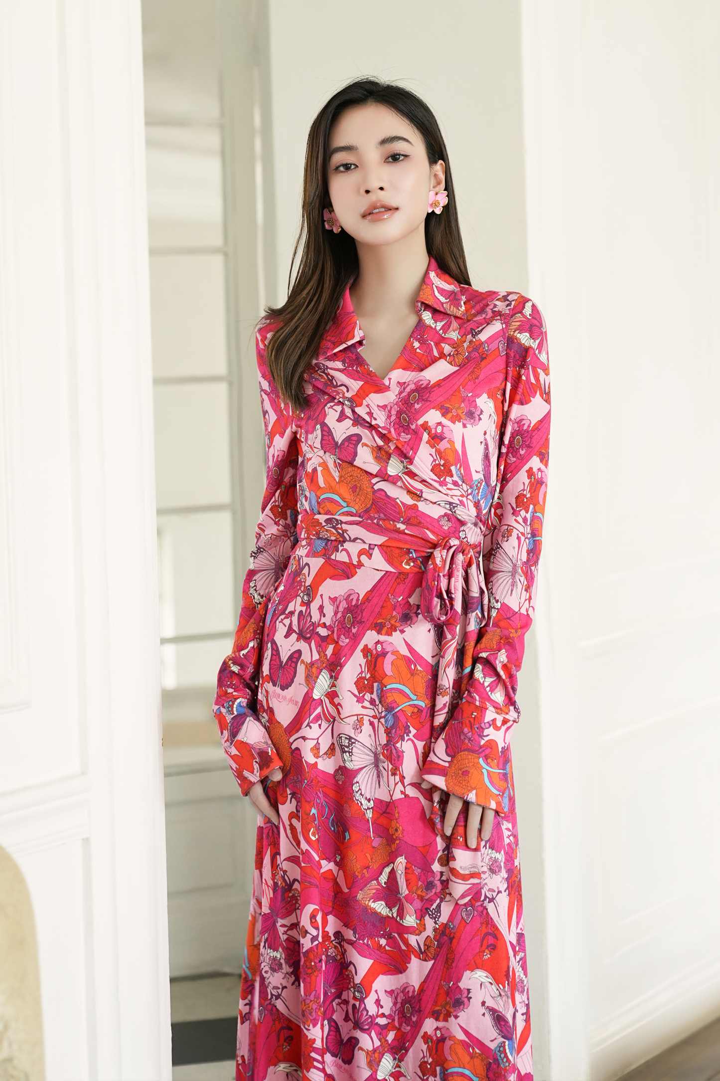 BESIONIA Lace-up Printed Wrap Dress