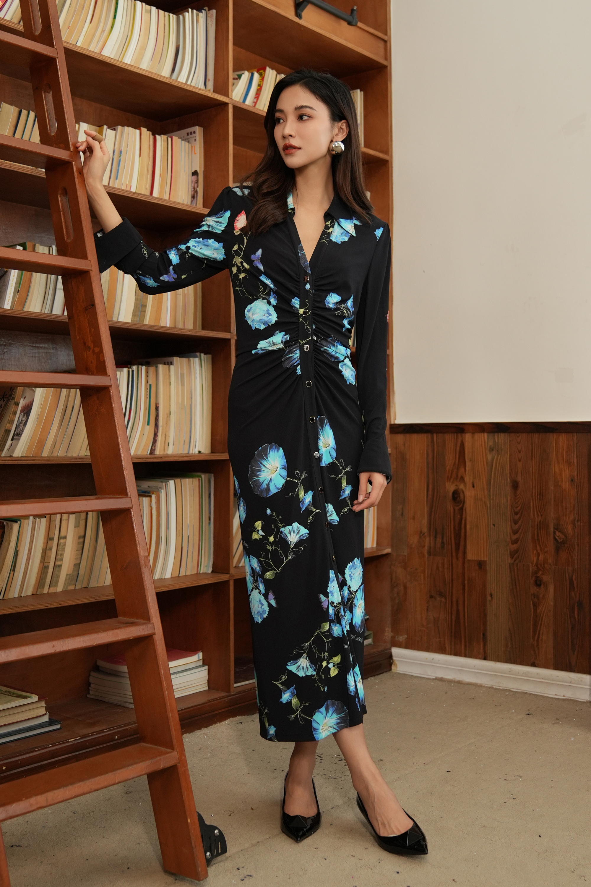 BESIONIA Elegant Pleated Printed Long Dress