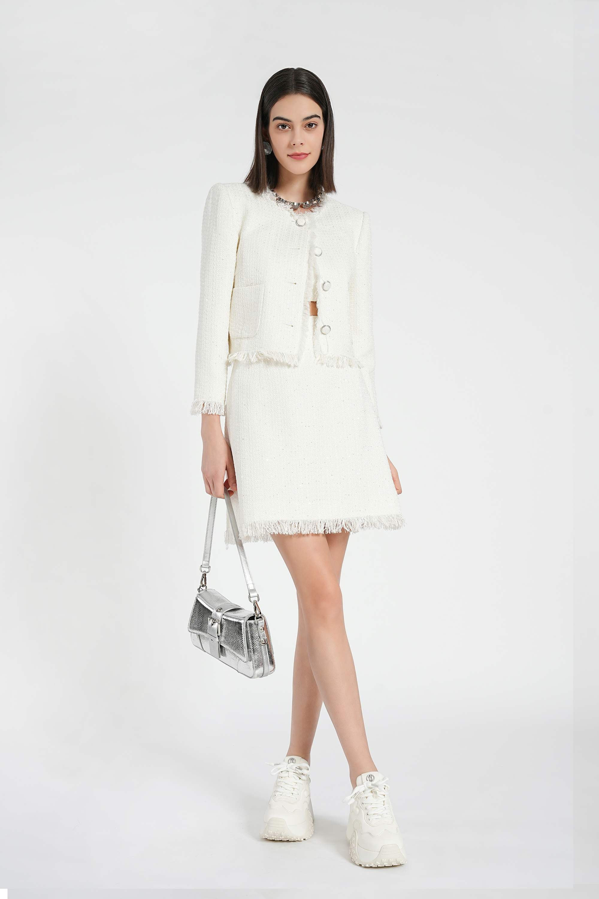 BESIONIA Plaid Wooden Trim Short Jacket