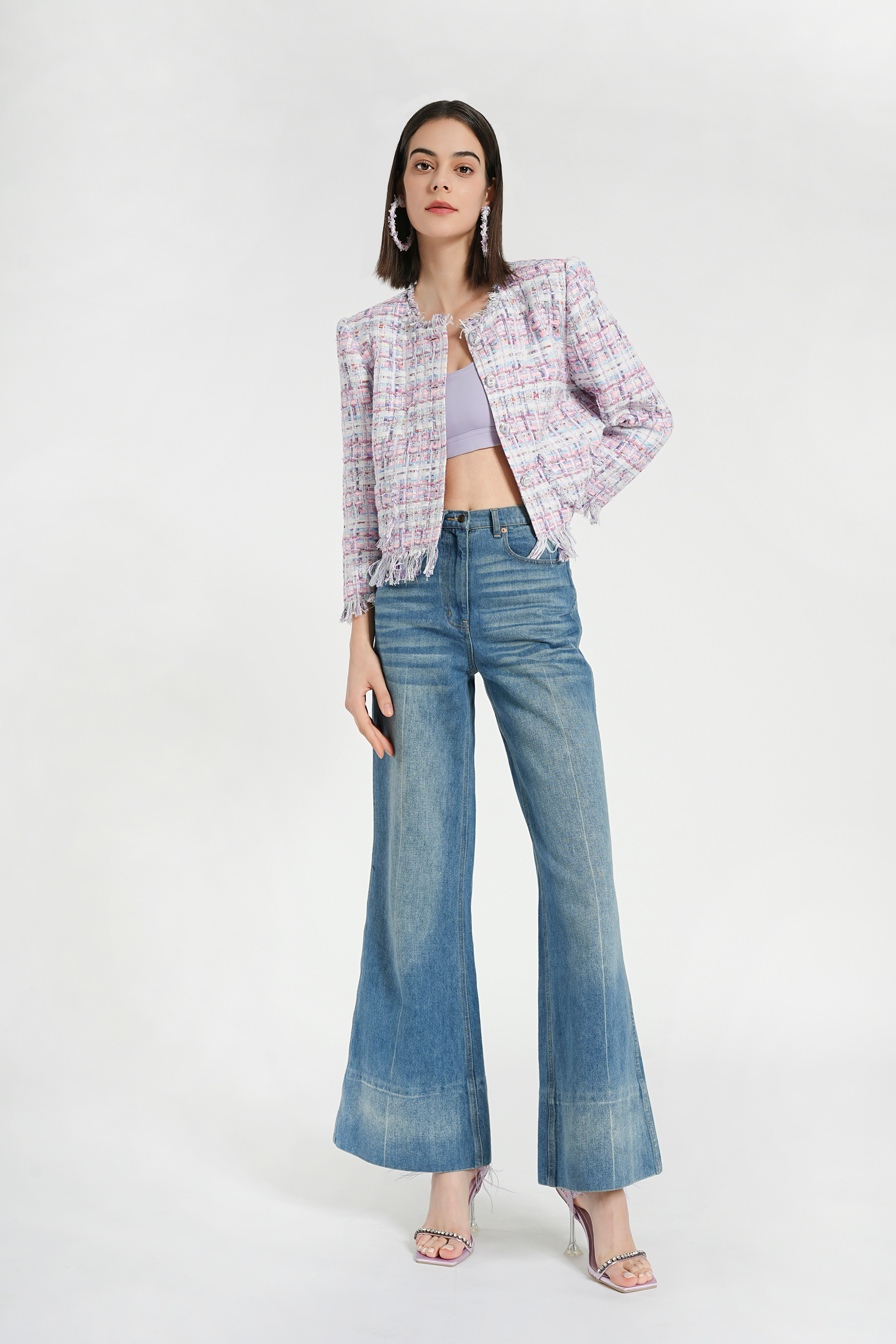 BESIONIA Little Fragrance Purple Check Short Jacket