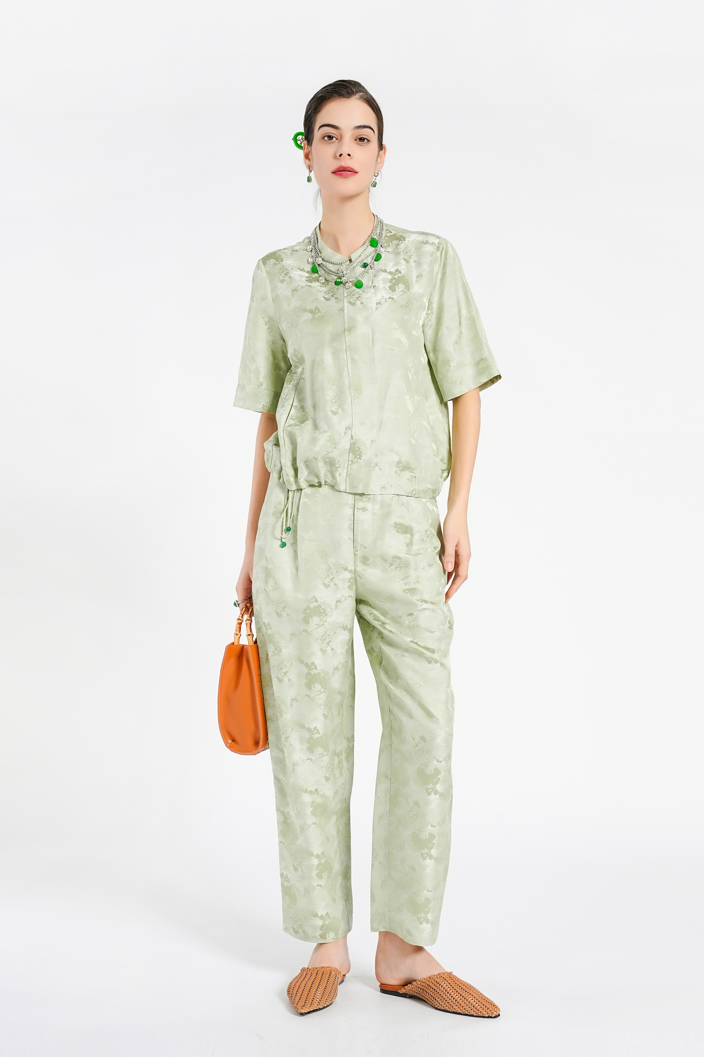 BESIONIA New Chinese Standing Collar Printed Blouse