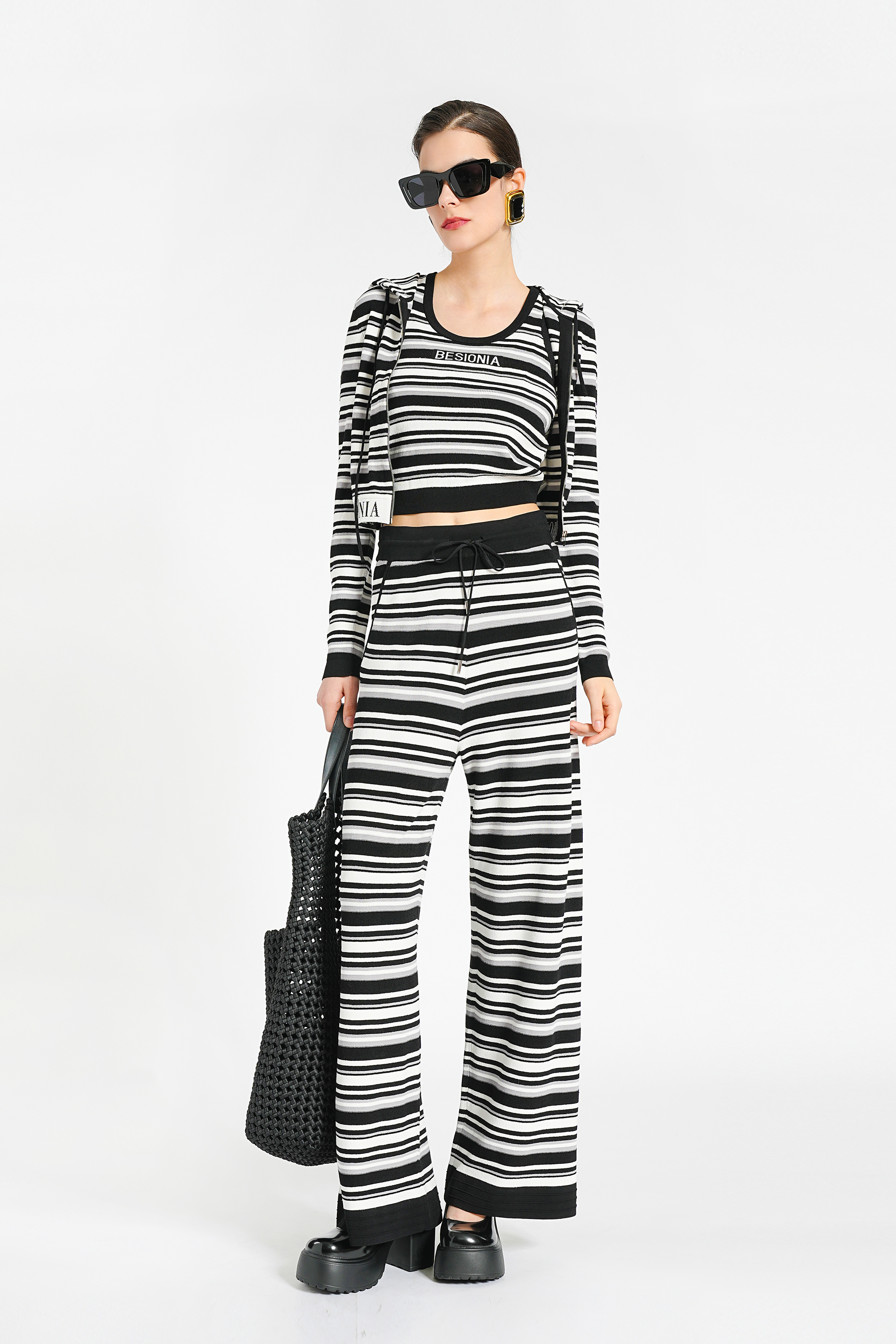 BESIONIA Black Striped Hooded Short Jacket