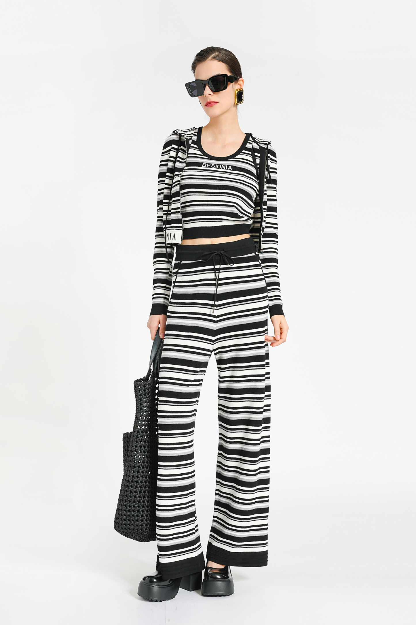 BESIONIA Black Striped Hooded Short Jacket