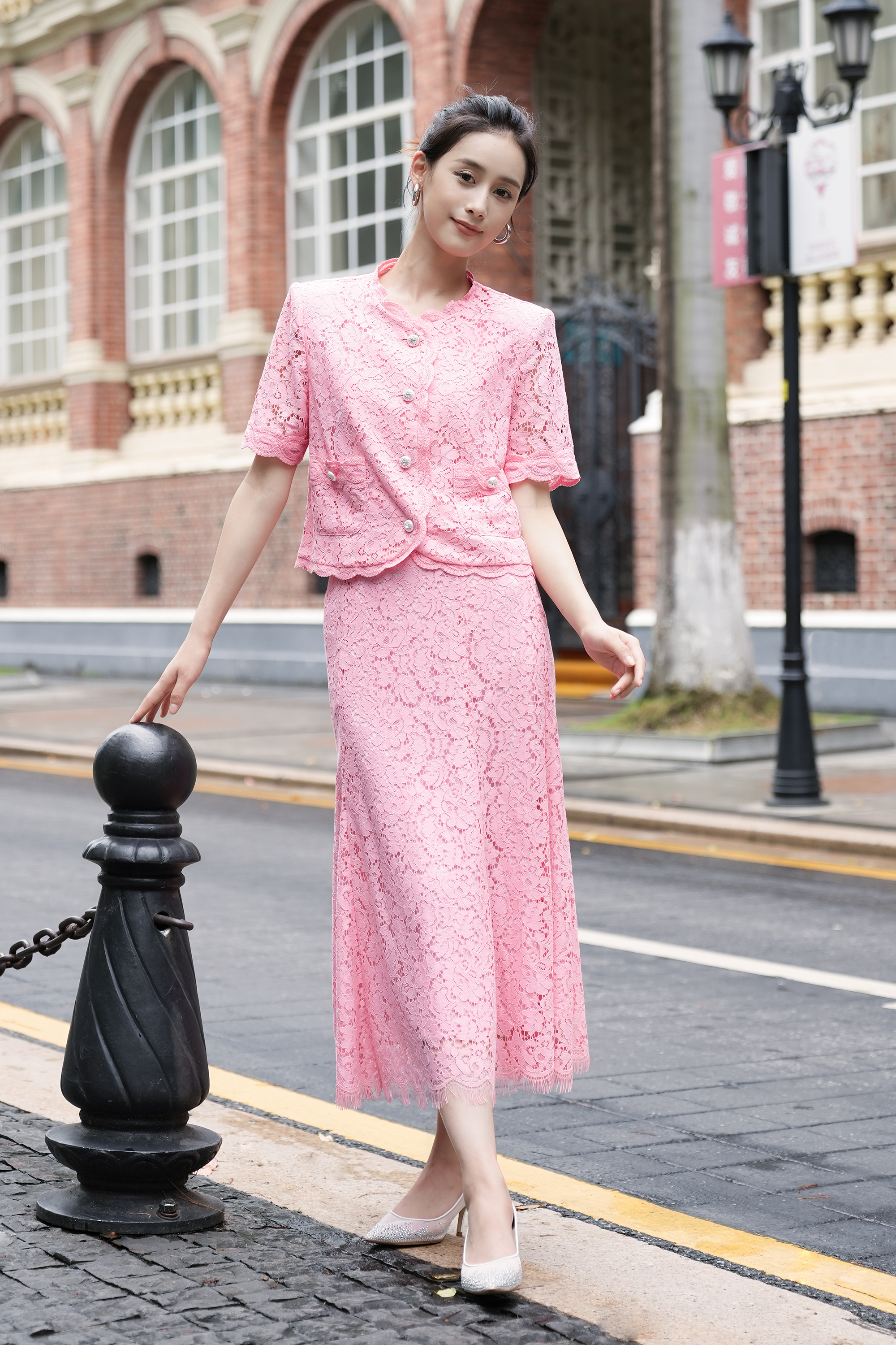 BESIONIA Printed Lace Peplum Blouse