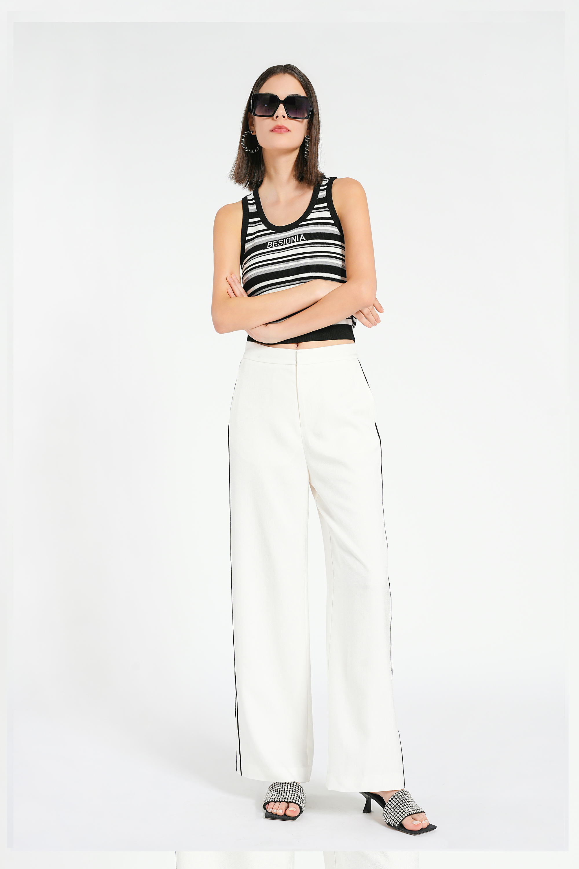 BESIONIA Monogrammed Black And White Striped Vest