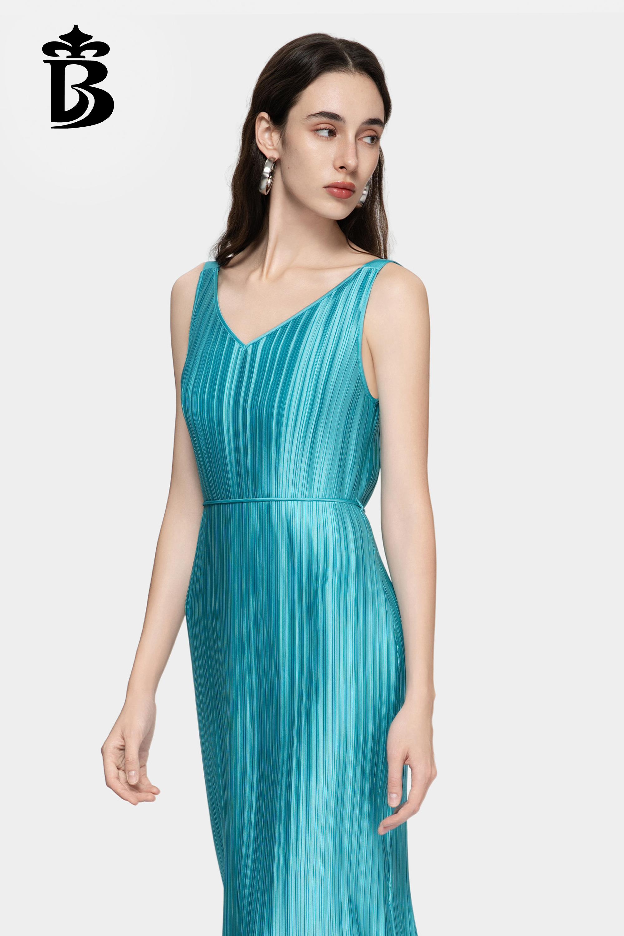 BESIONIA- Minimalist Blue Pleated Spaghetti Strap V-Neck Dress