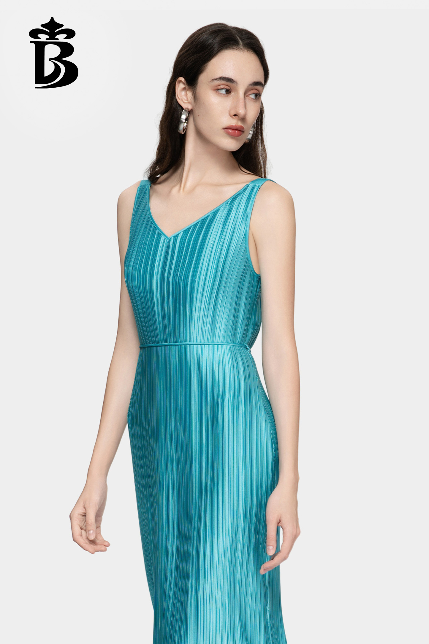 BESIONIA- Minimalist Blue Pleated Spaghetti Strap V-Neck Dress