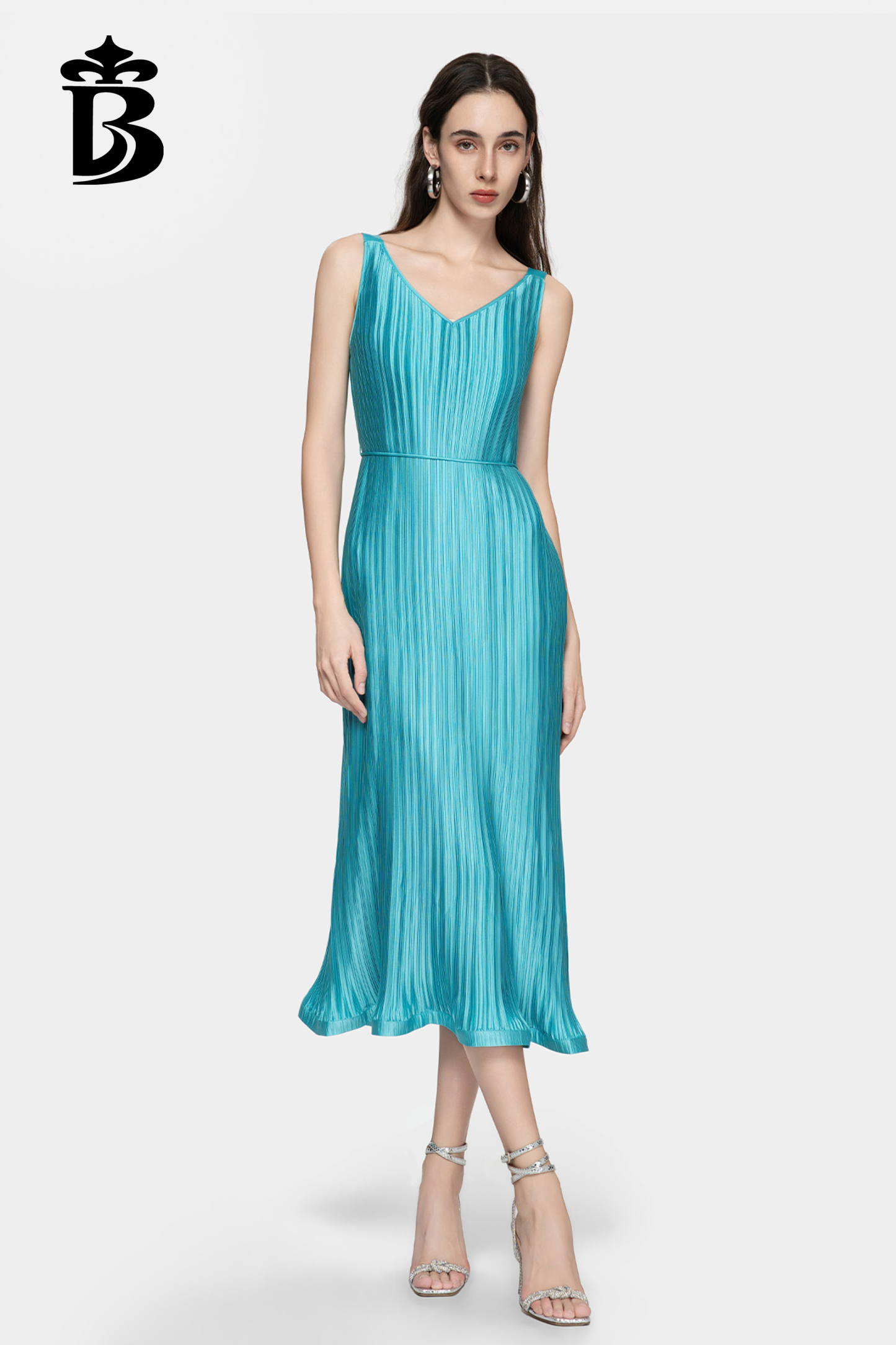 BESIONIA- Minimalist Blue Pleated Spaghetti Strap V-Neck Dress