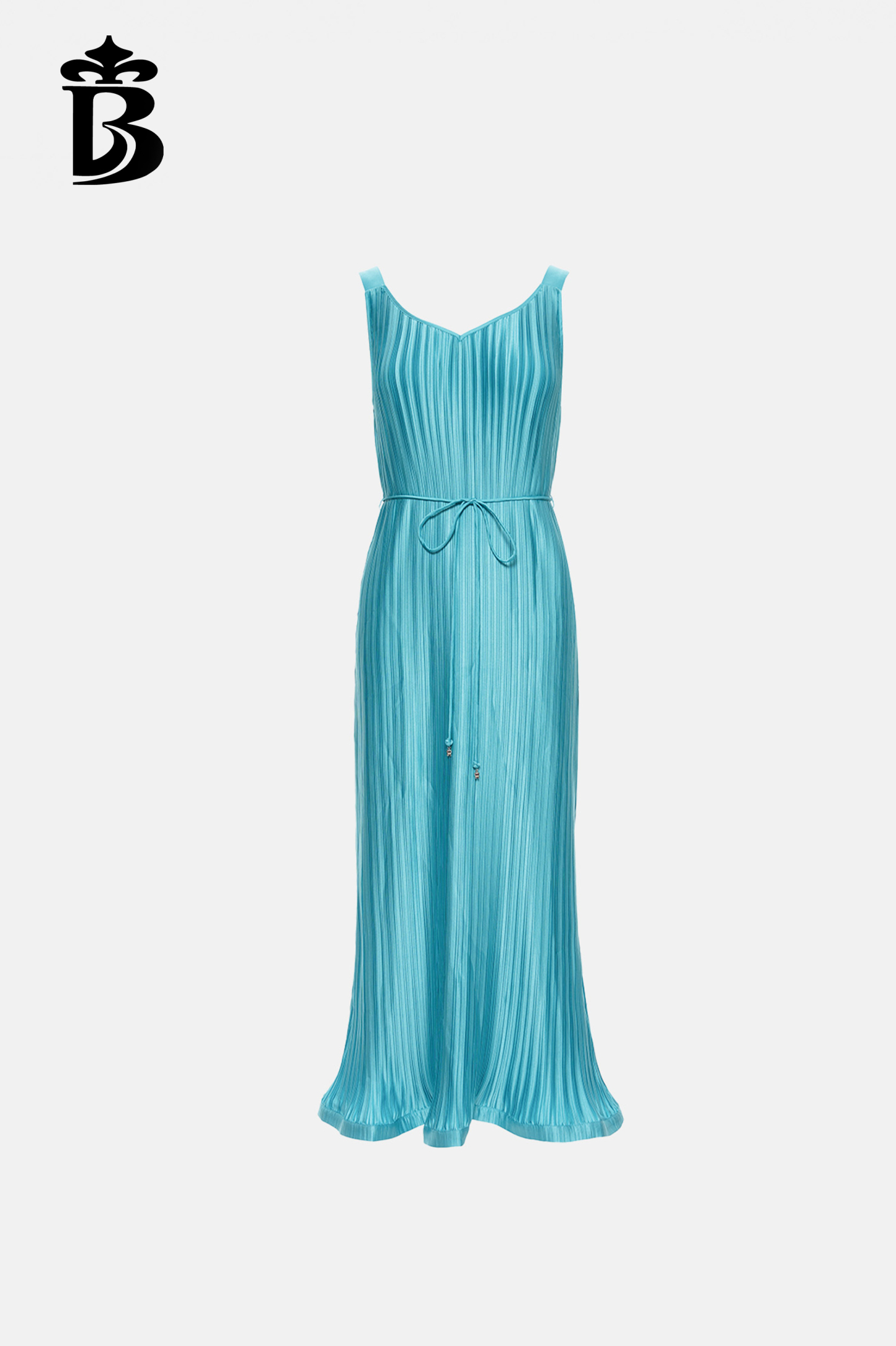 BESIONIA- Minimalist Blue Pleated Spaghetti Strap V-Neck Dress