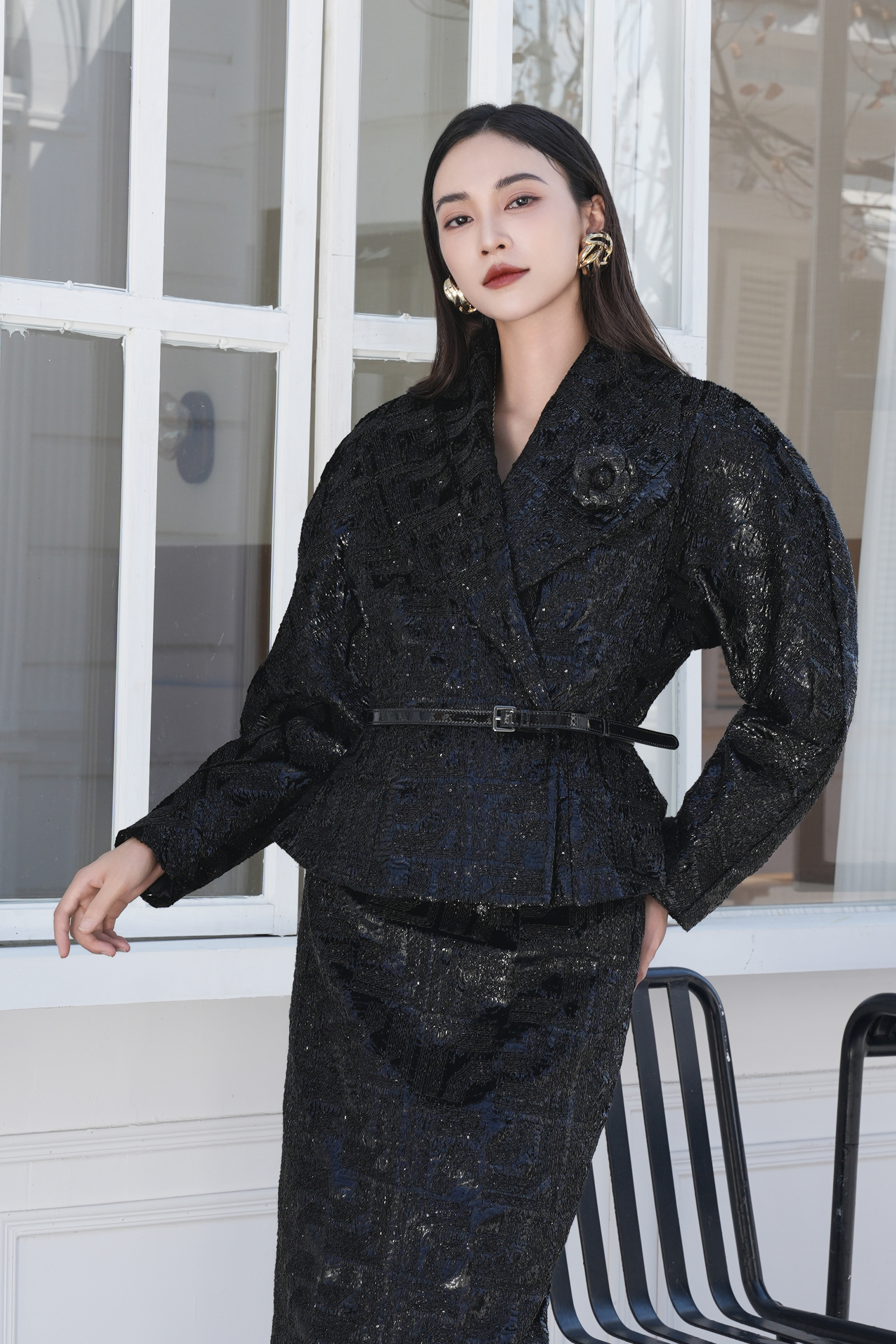 BESIONIA Black Sequin Jacquard Outerwear