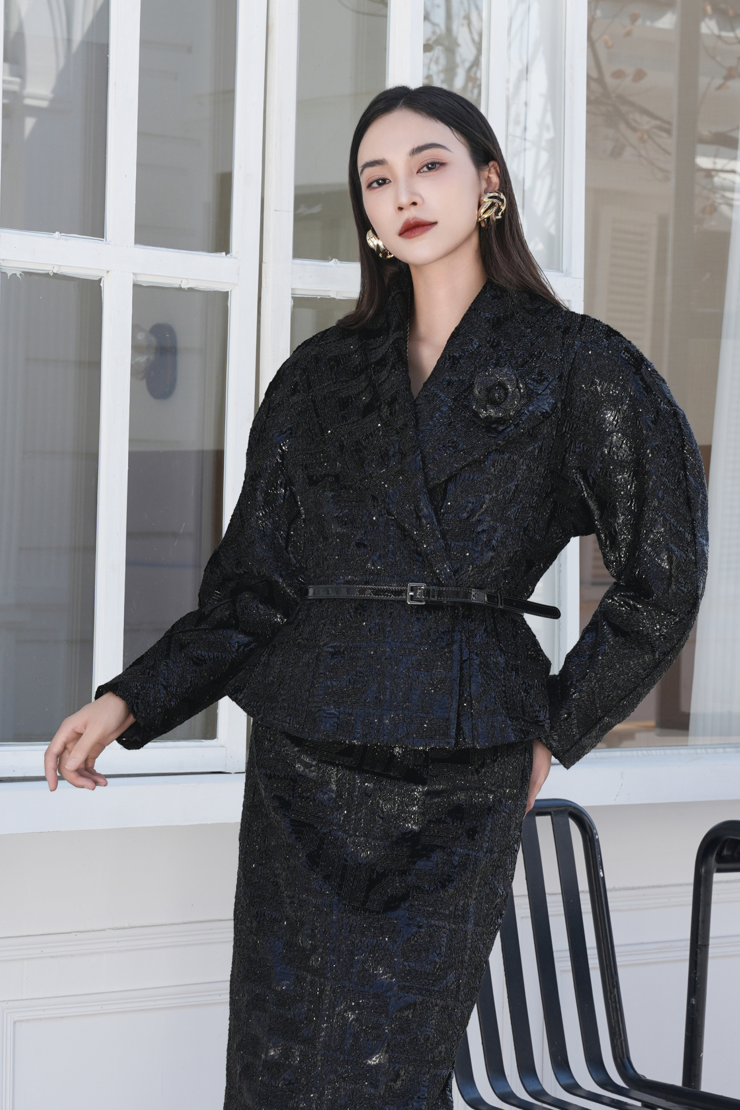 BESIONIA Black Sequin Jacquard Outerwear