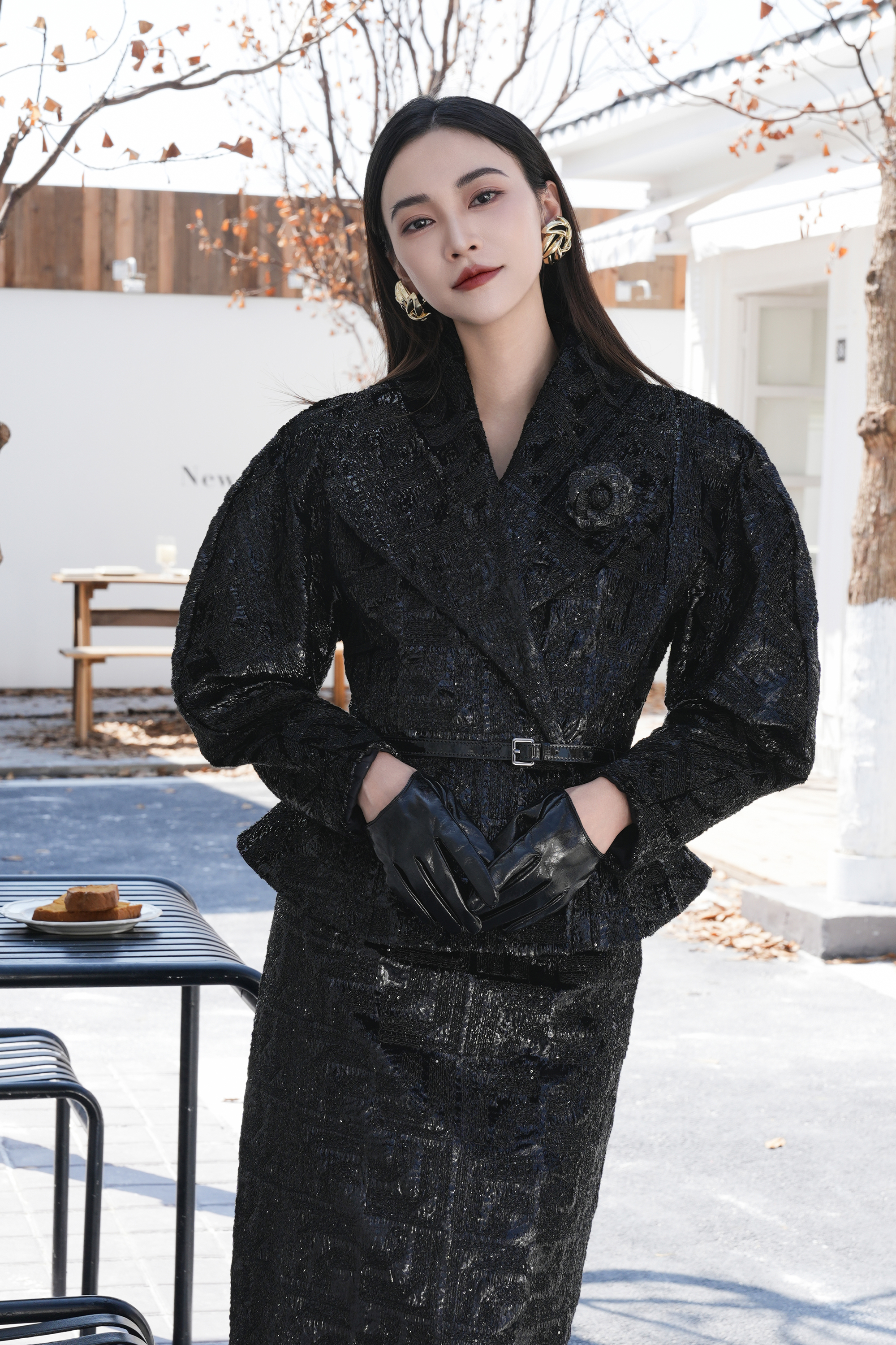 BESIONIA Black Sequin Jacquard Outerwear