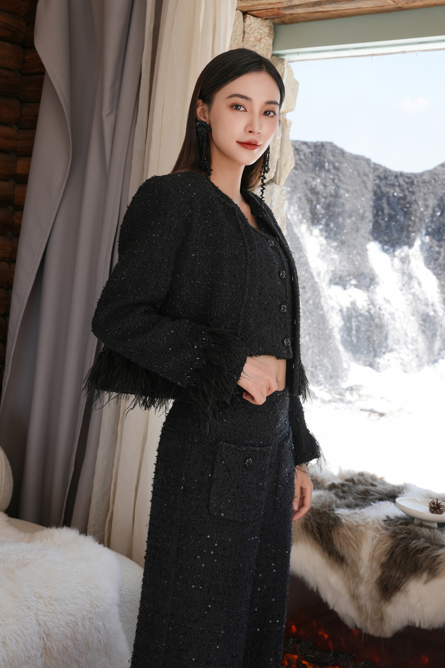 BESIONIA Black Tweed Casual Pants