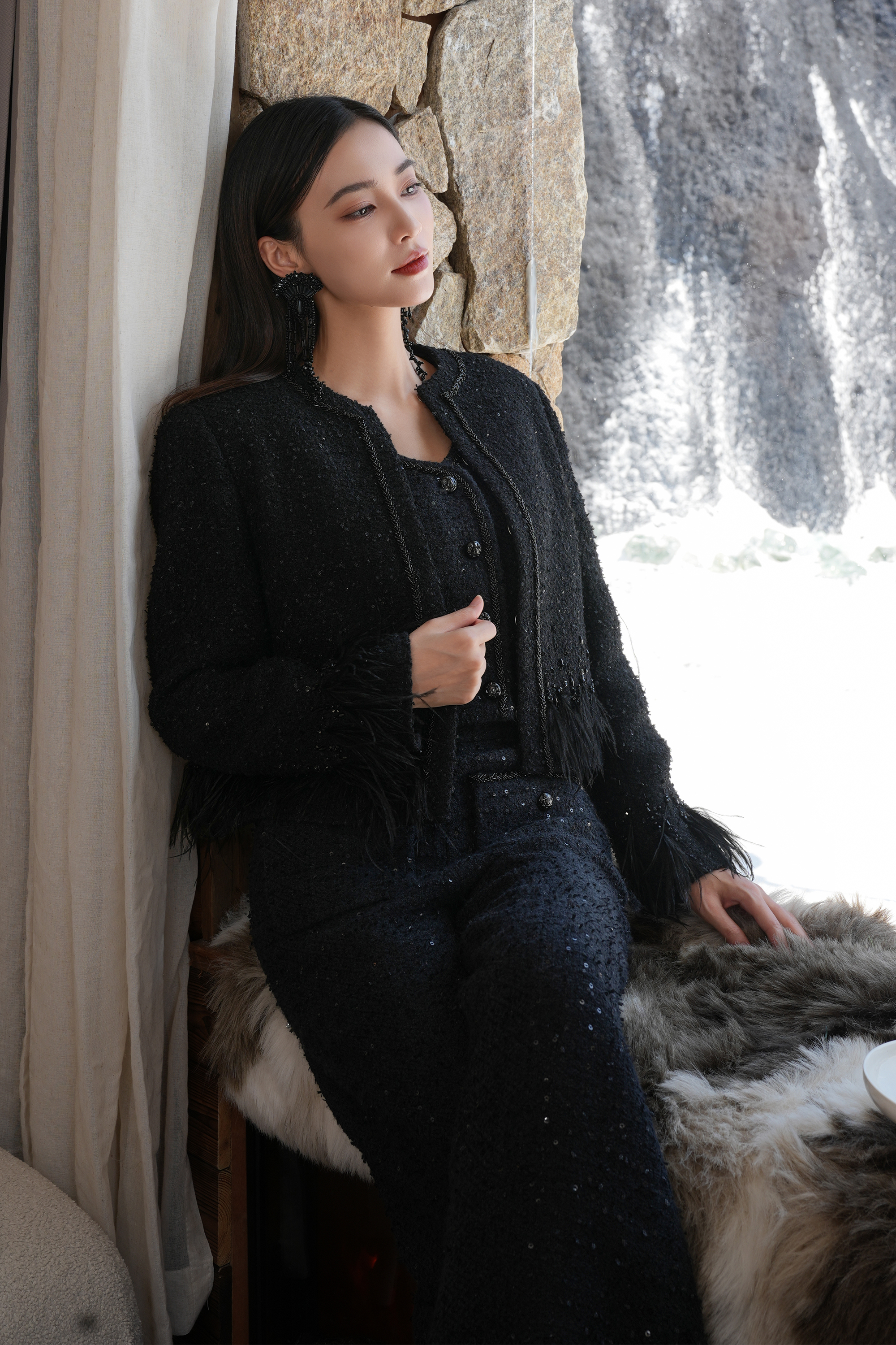 BESIONIA Black Tweed Casual Pants