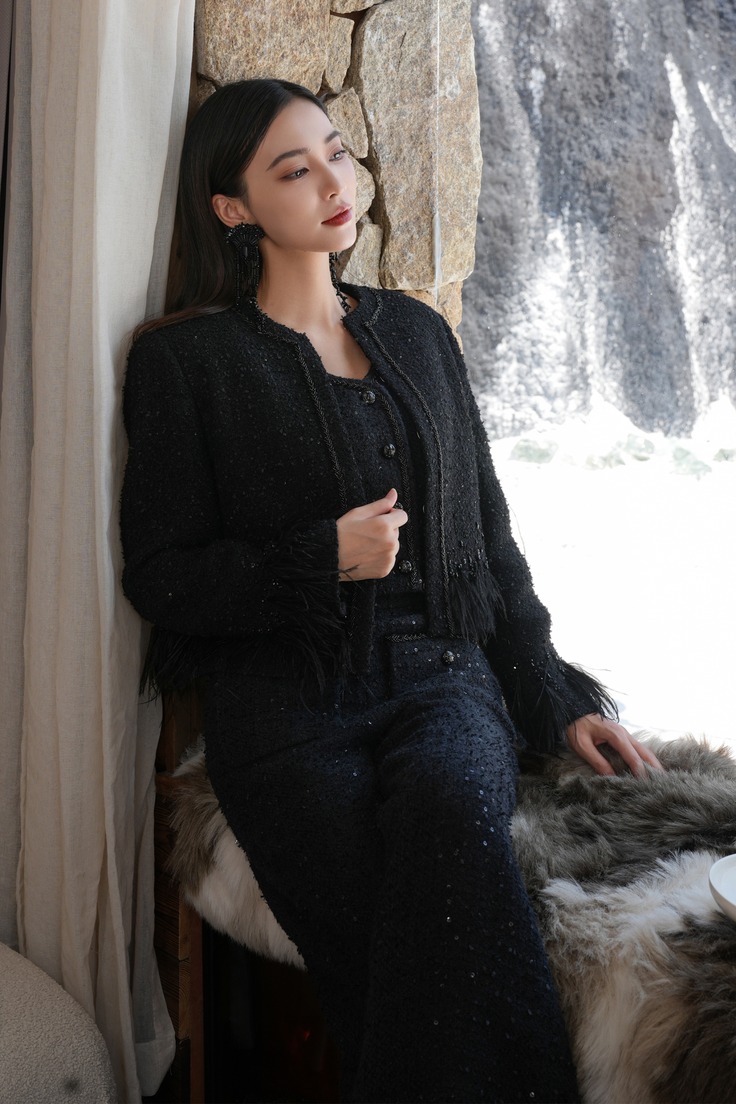 BESIONIA Black Tweed Casual Pants