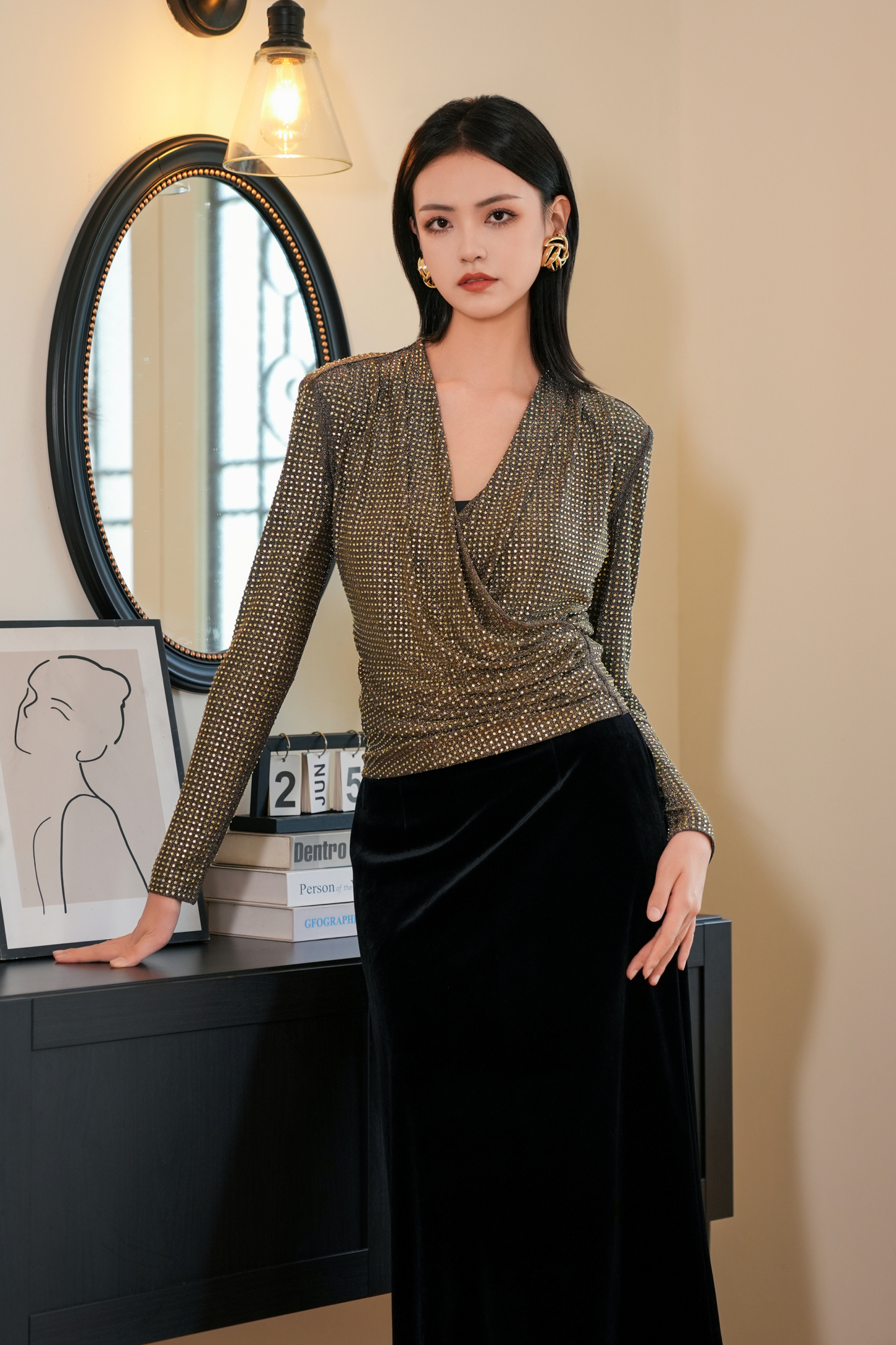 BESIONIA Drawstring Design Slimming Long Sleeve Blouse