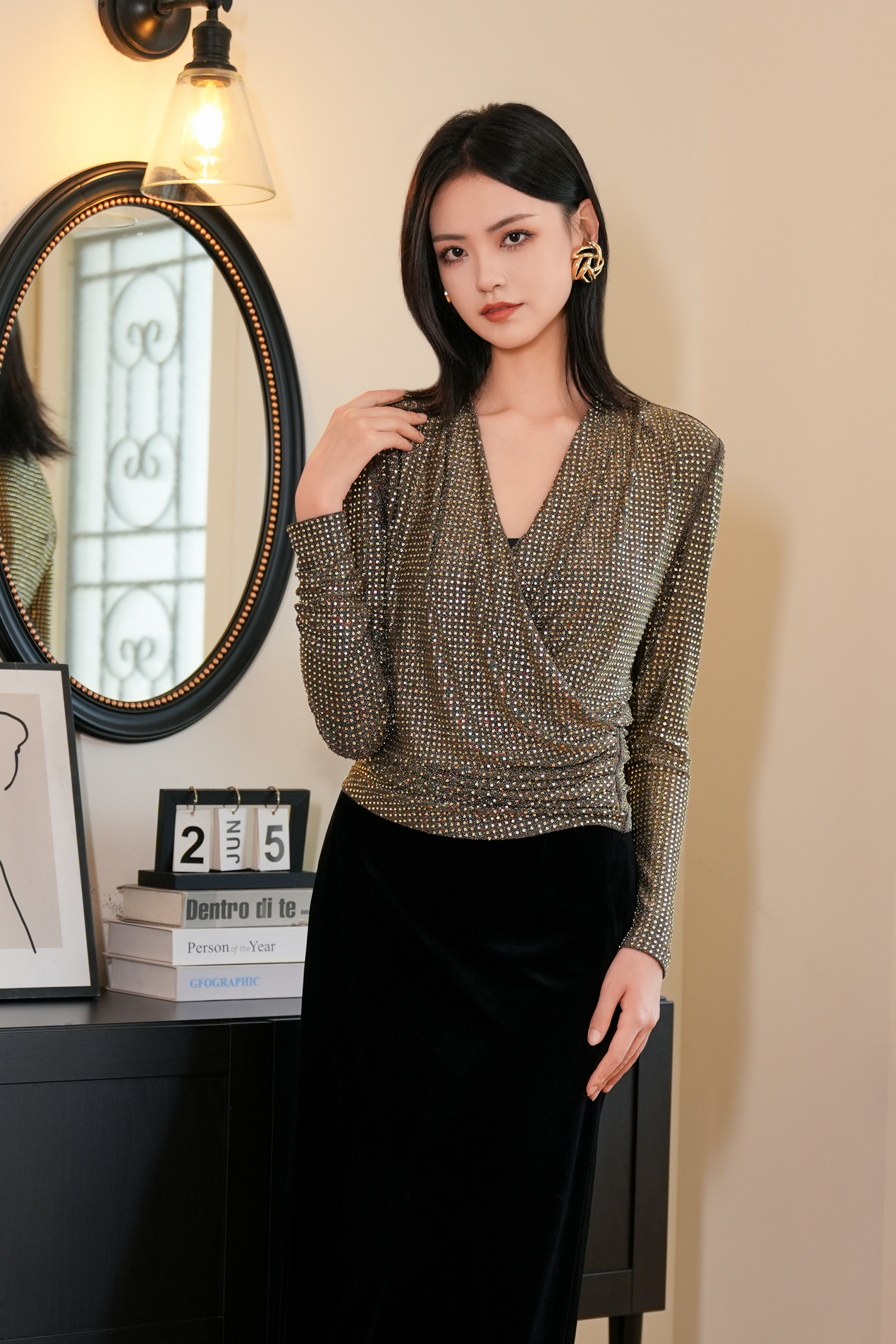 BESIONIA Drawstring Design Slimming Long Sleeve Blouse