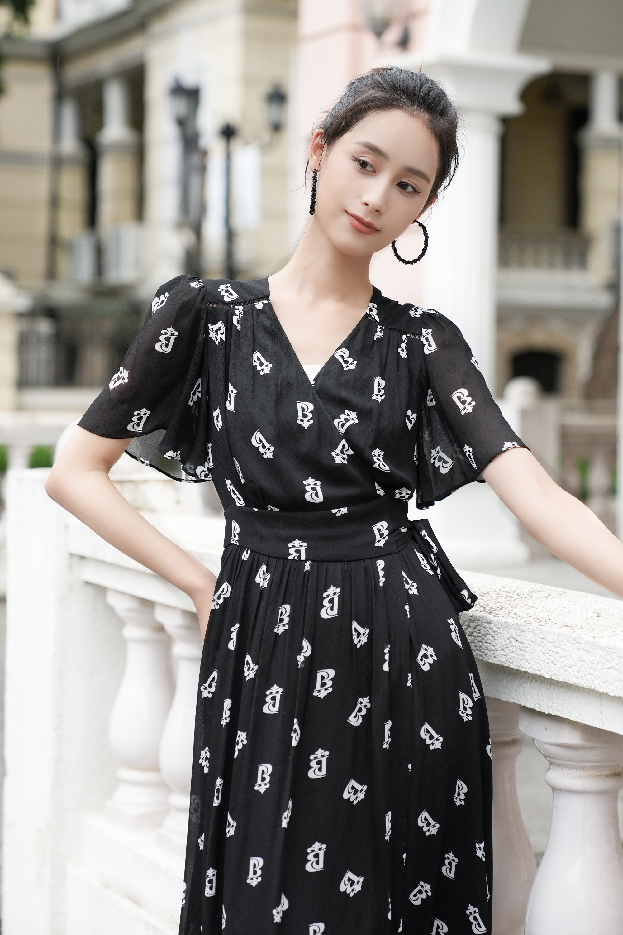 BESIONIA Lace Up Printed Dress