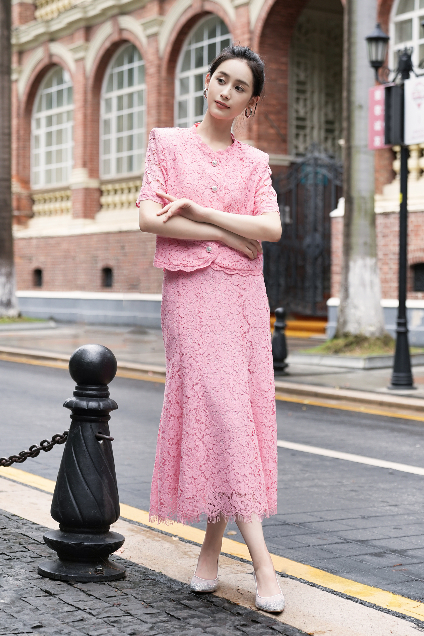 BESIONIA Printed Lace Peplum Blouse