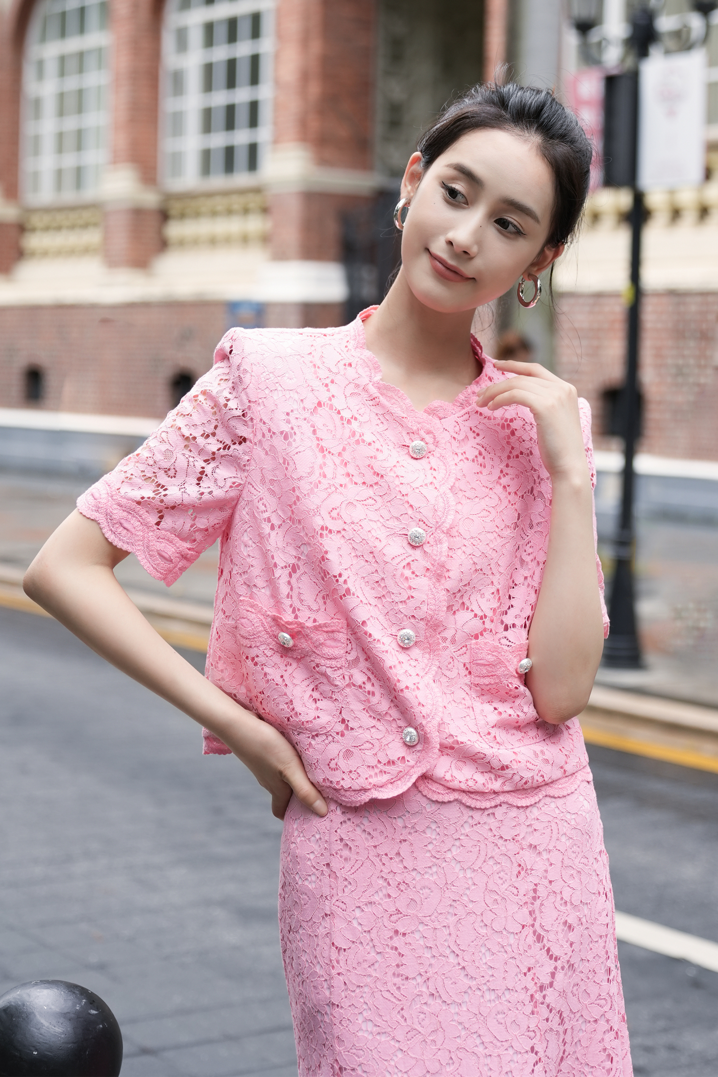 BESIONIA Printed Lace Peplum Blouse