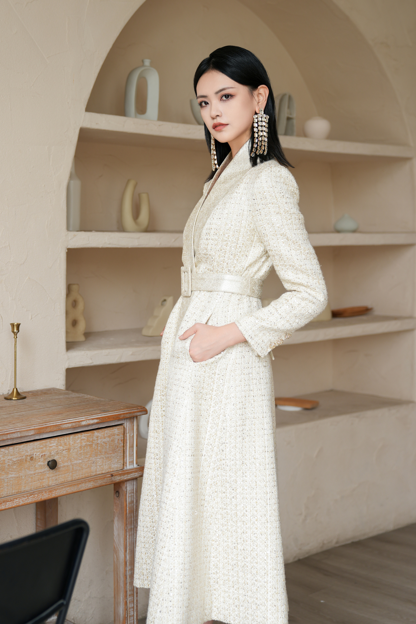 BESIONIA Color-blocking Polka Dot Coat