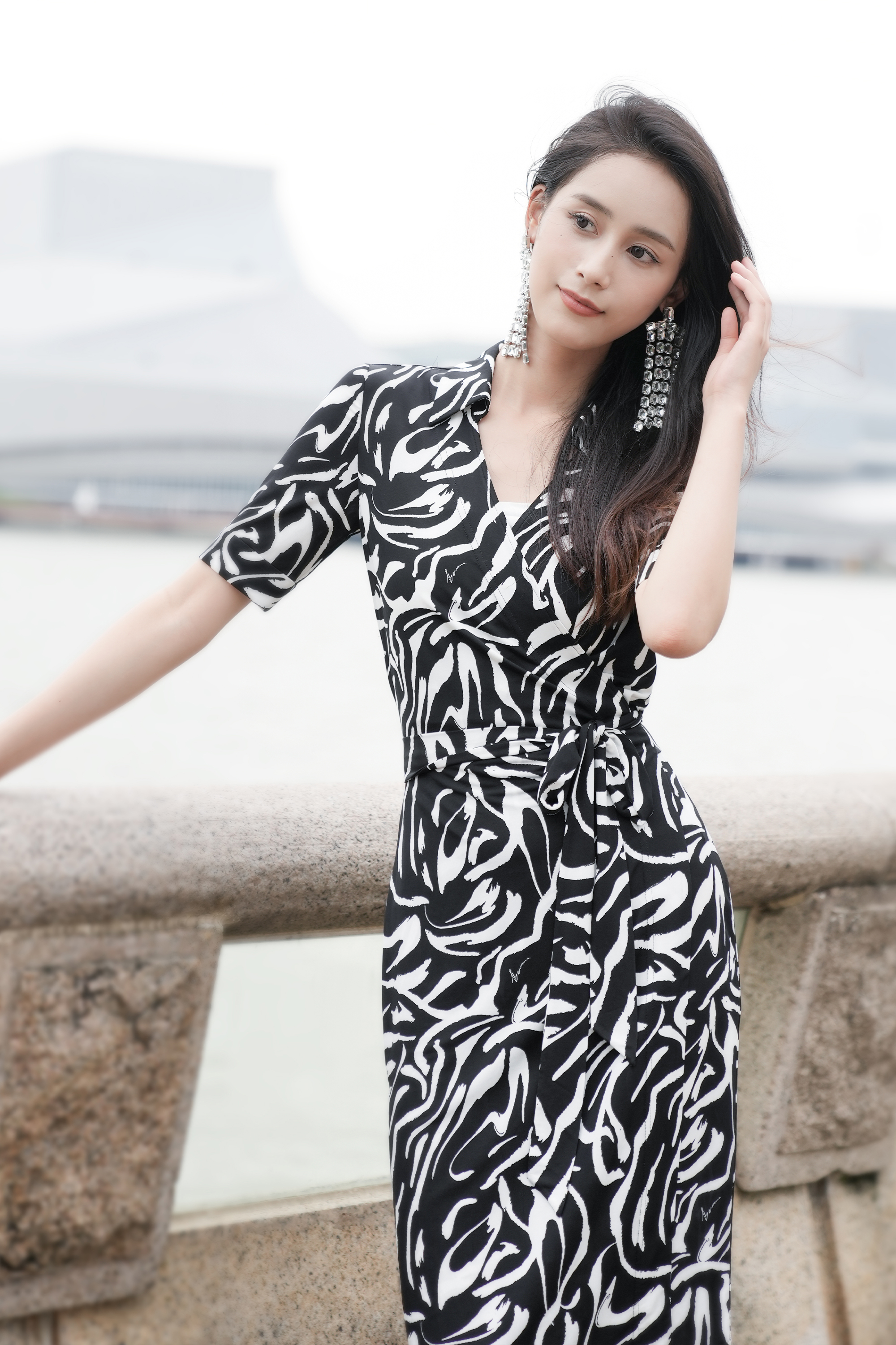 BESIONIA Printed Tie Waist Dress