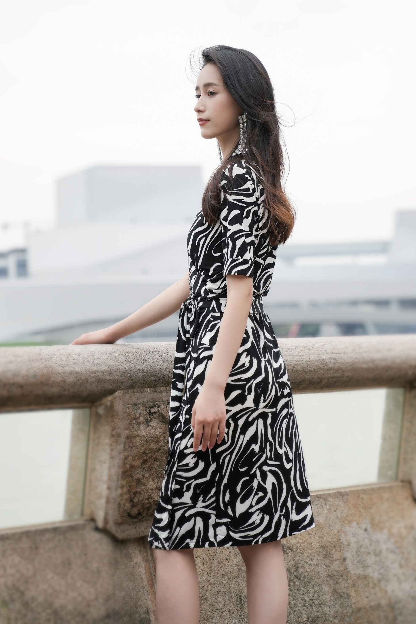 BESIONIA Printed Tie Waist Dress