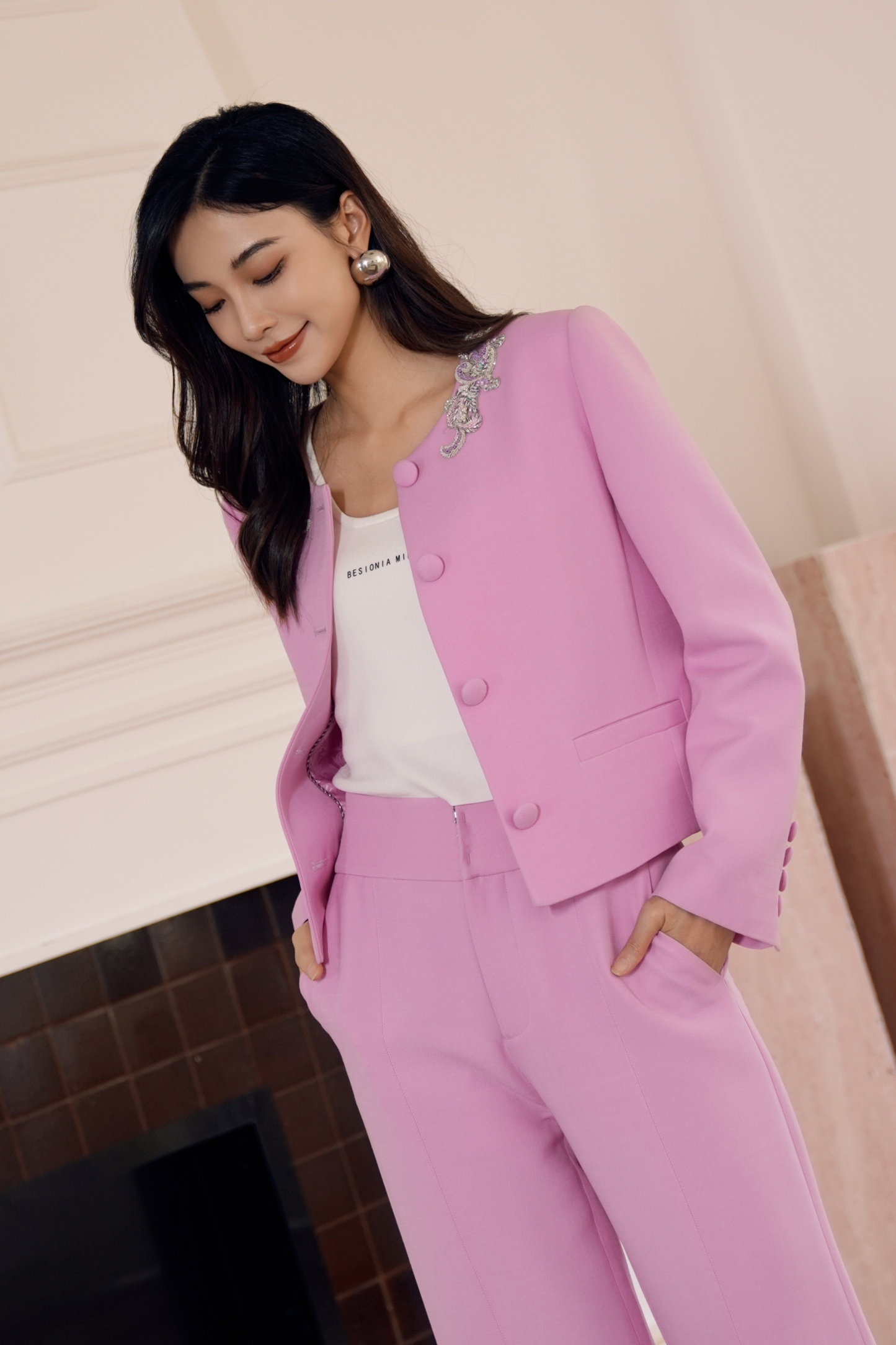 BESIONIA Sheep Wool Printed Temperament Short Jacket