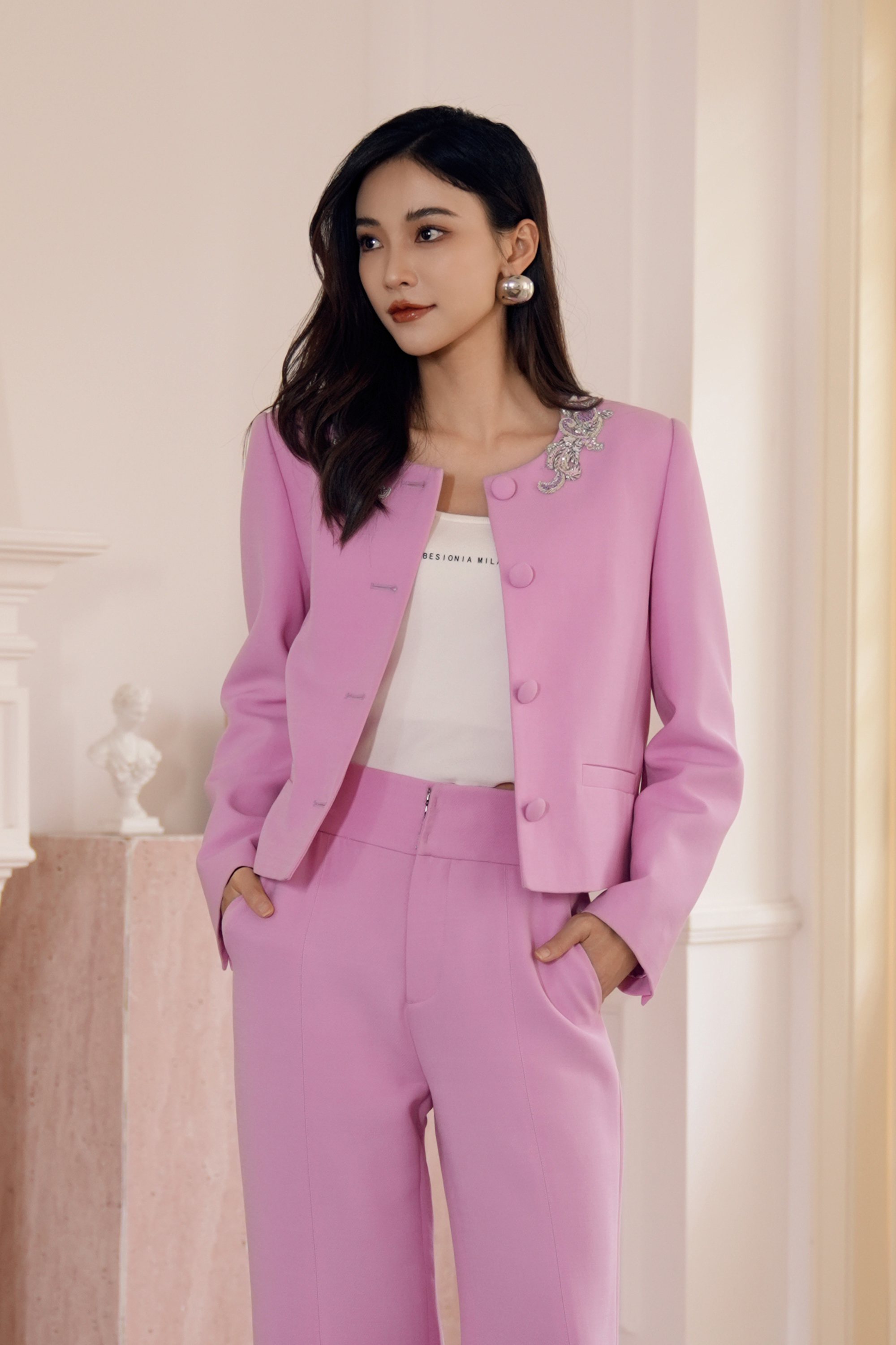 BESIONIA Sheep Wool Printed Temperament Short Jacket