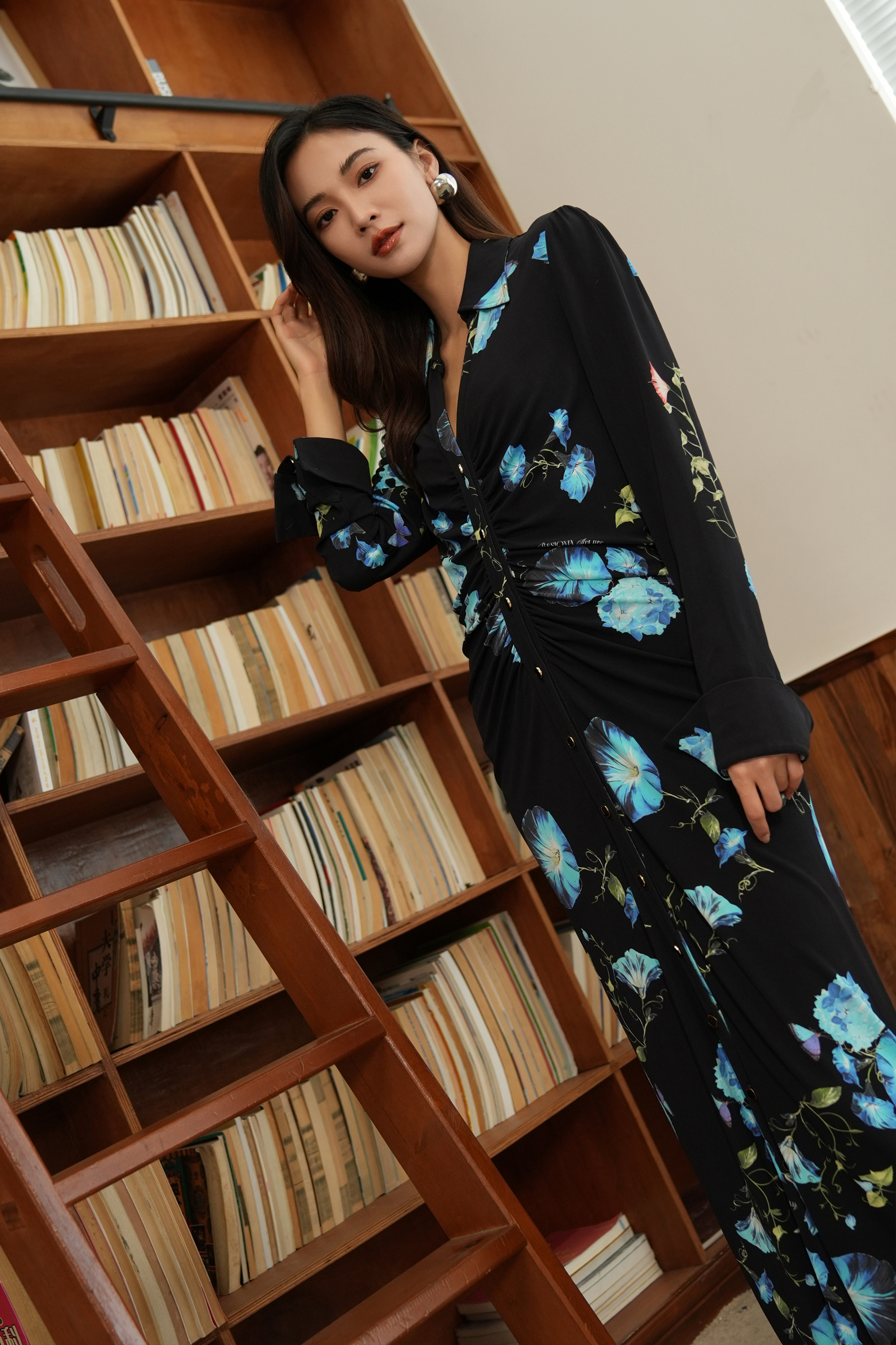 BESIONIA Elegant Pleated Printed Long Dress