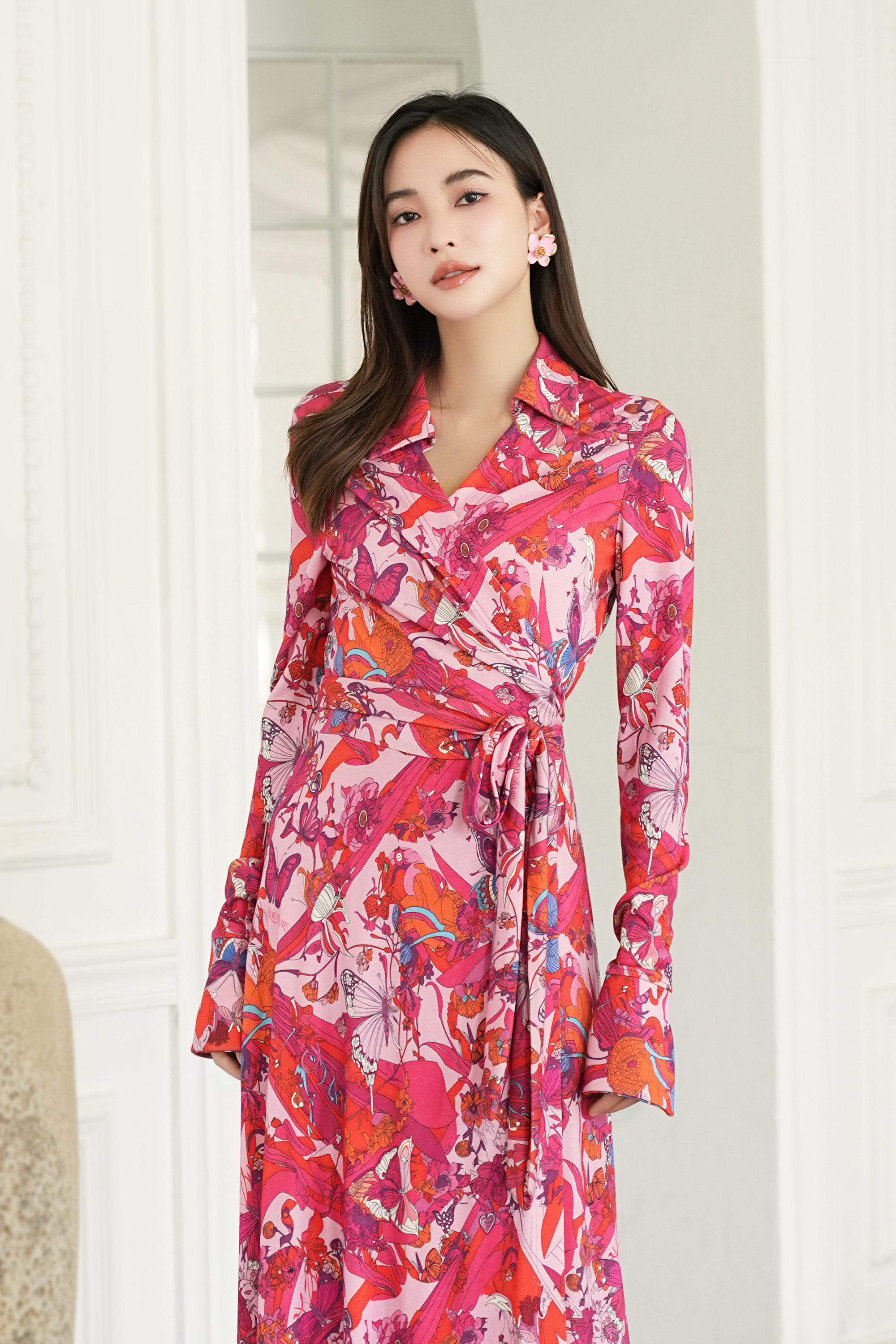 BESIONIA Lace-up Printed Wrap Dress