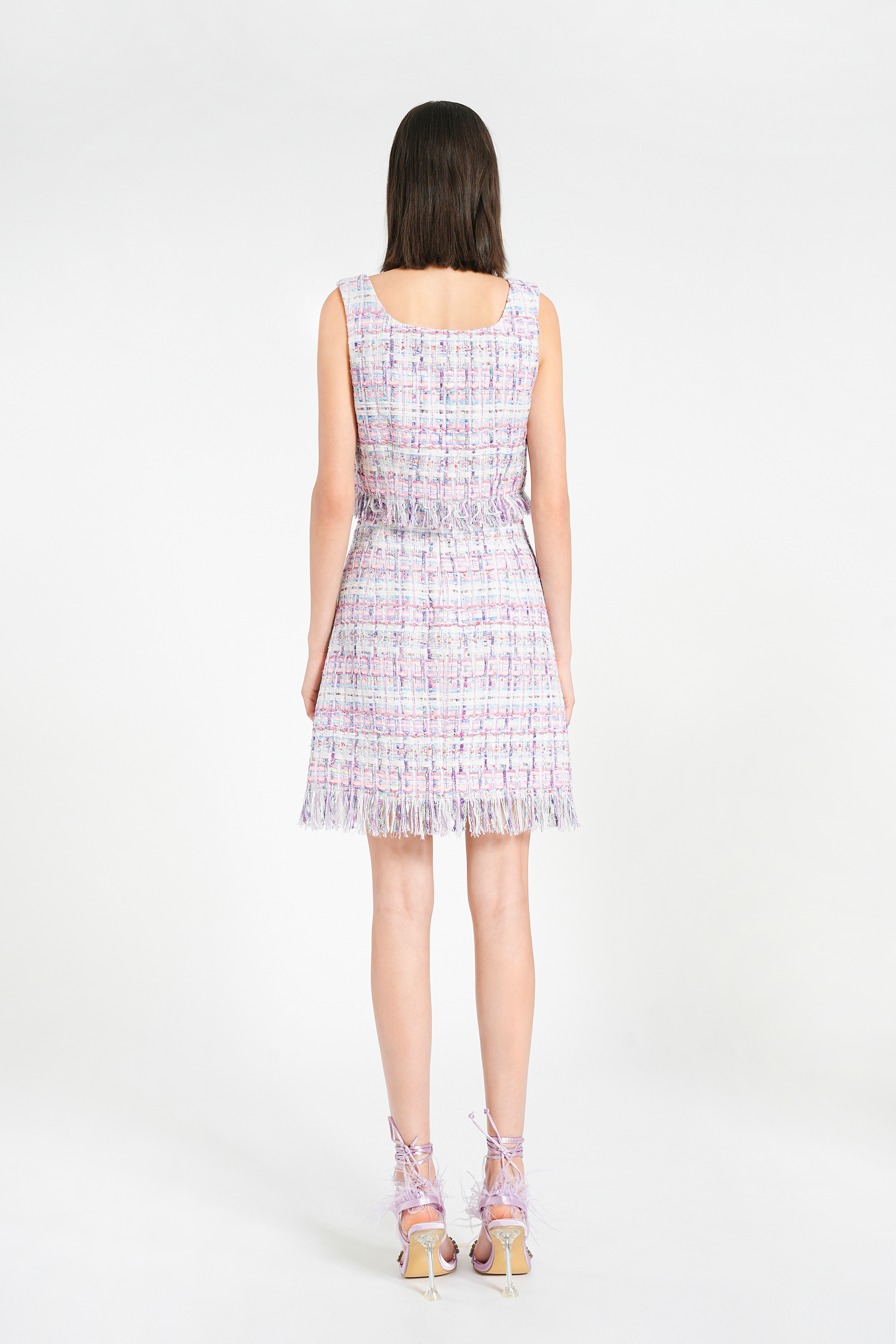 BESIONIA Purple Checkered Fringe Vest