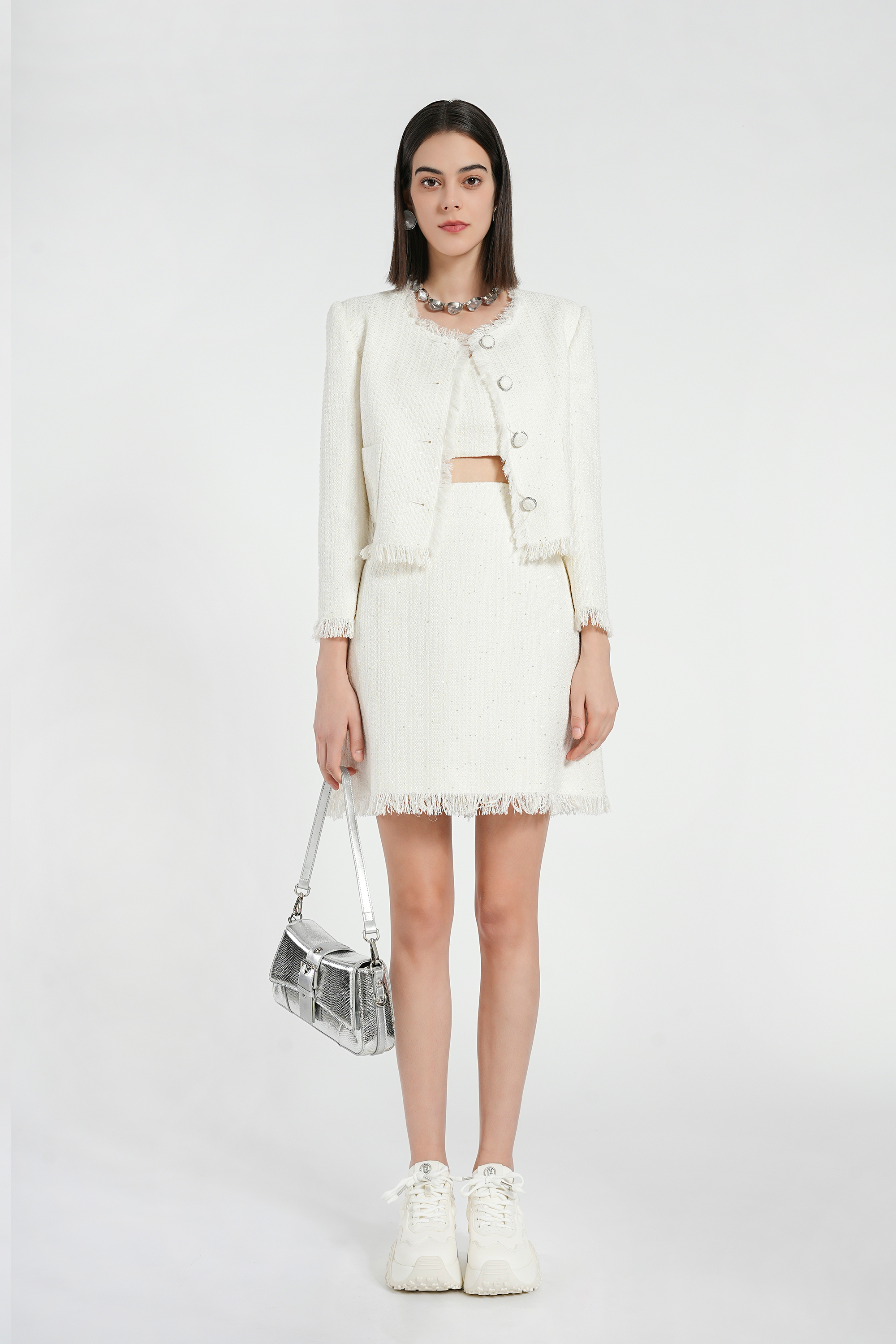 BESIONIA Plaid Wooden Trim Short Jacket