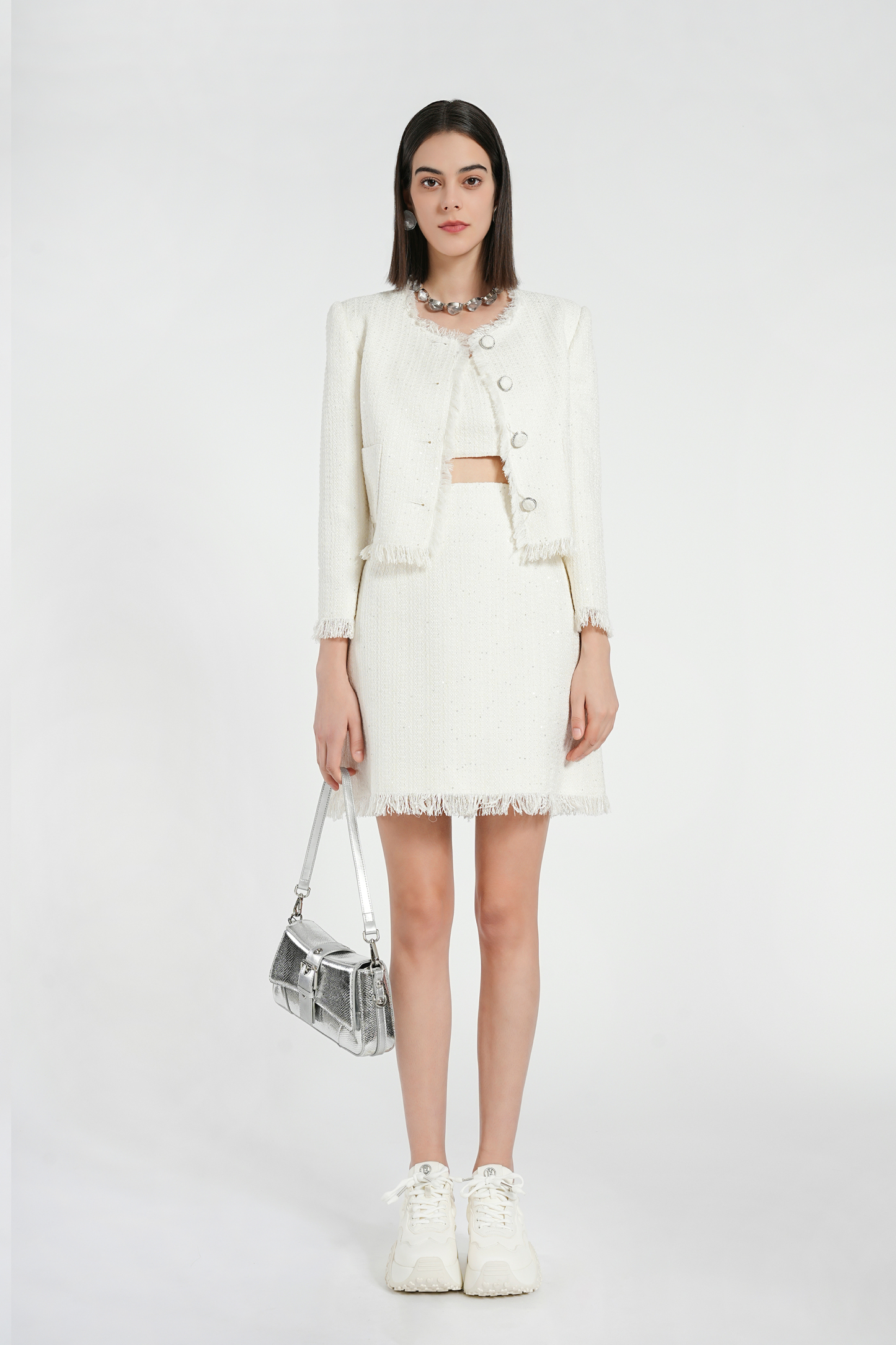 BESIONIA Plaid Wooden Trim Short Jacket