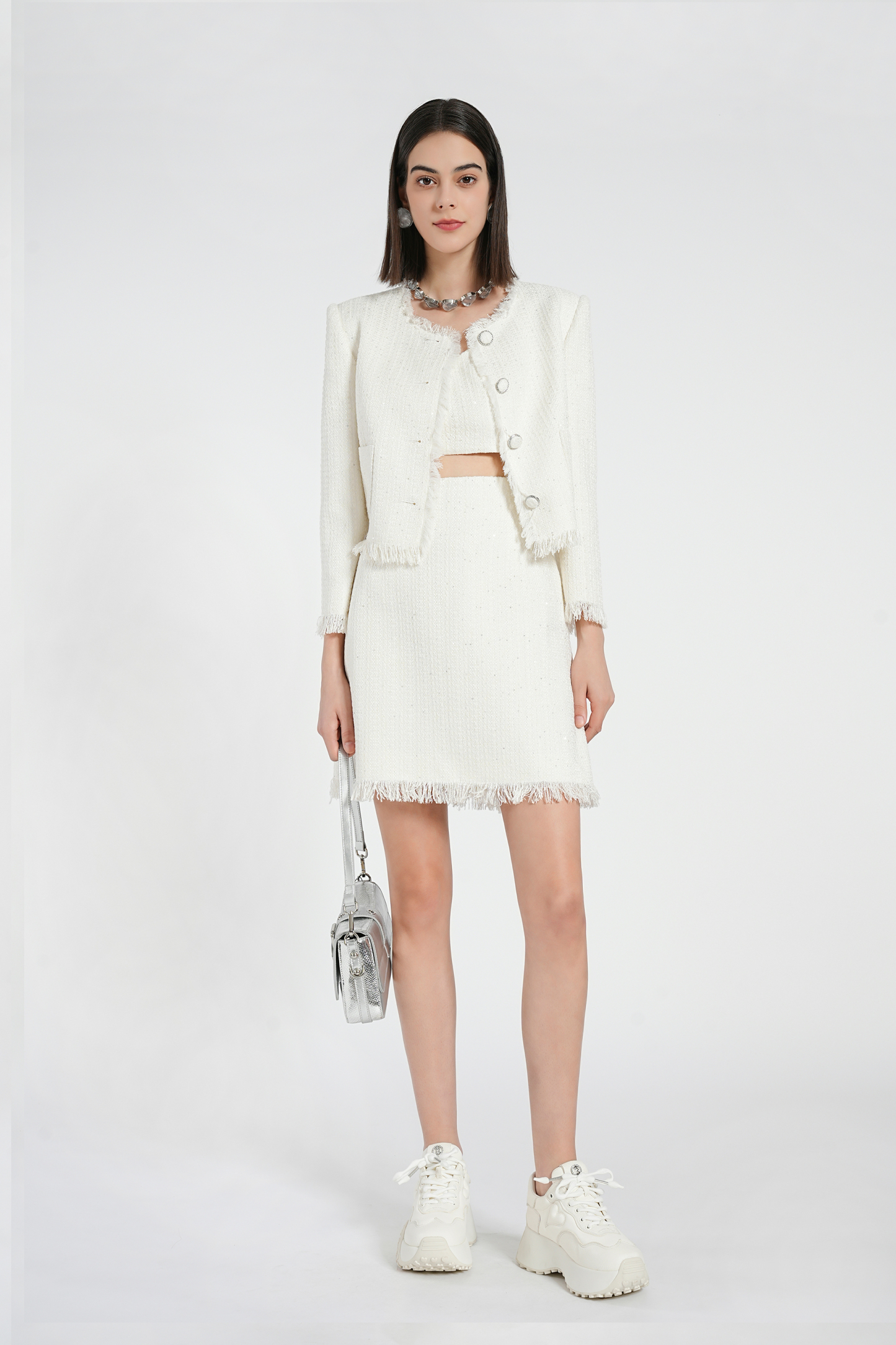 BESIONIA Plaid Wooden Trim Short Jacket