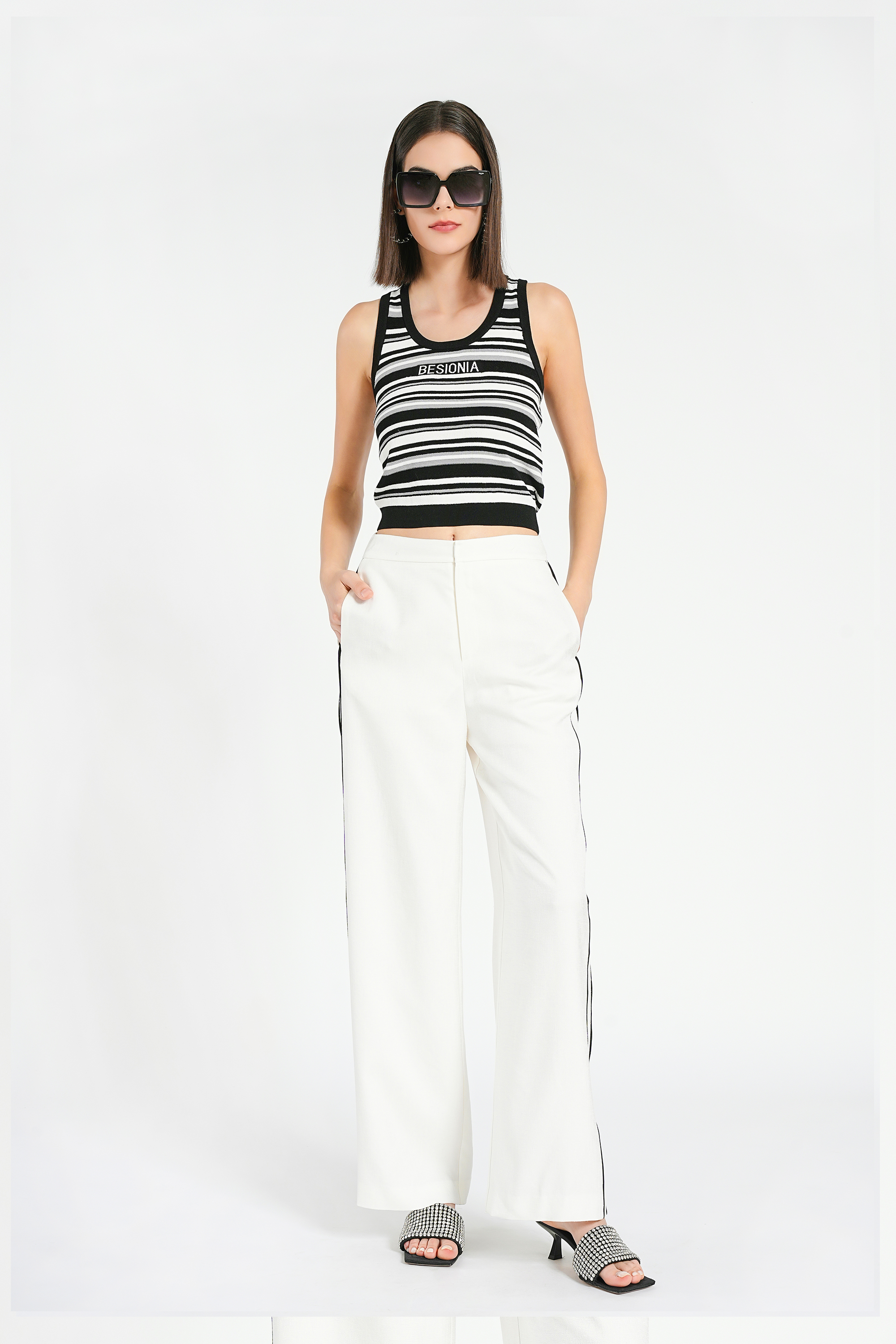 BESIONIA Monogrammed Black And White Striped Vest