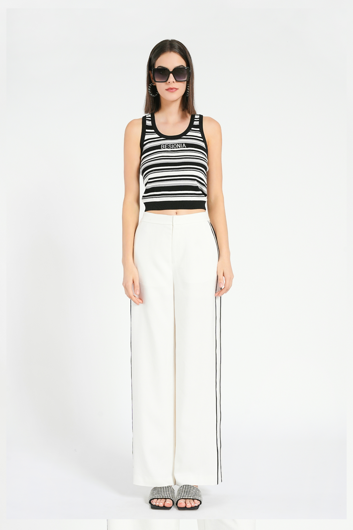 BESIONIA Monogrammed Black And White Striped Vest