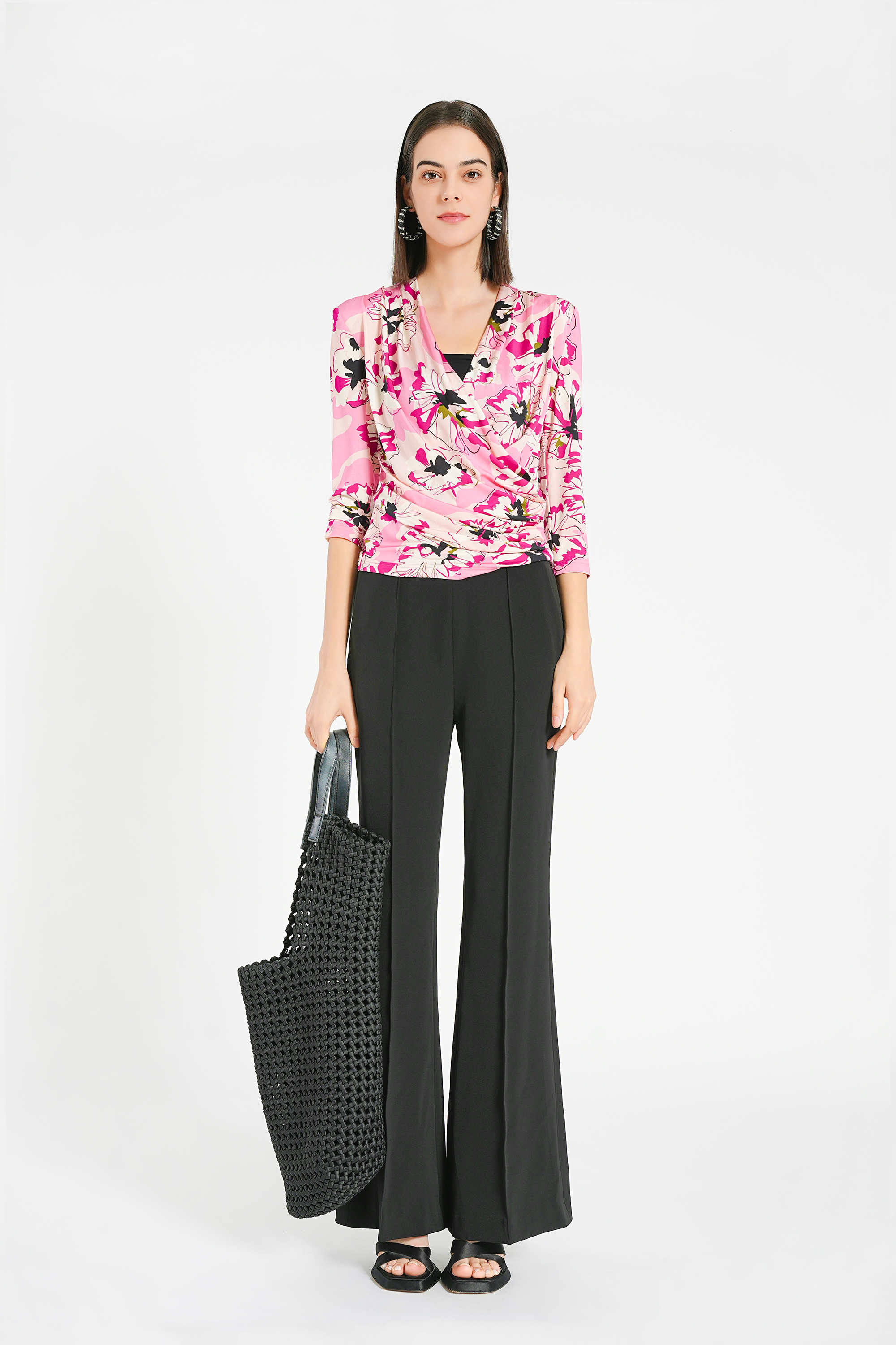 BESIONIA Printed Drawstring Sleeve Blouse