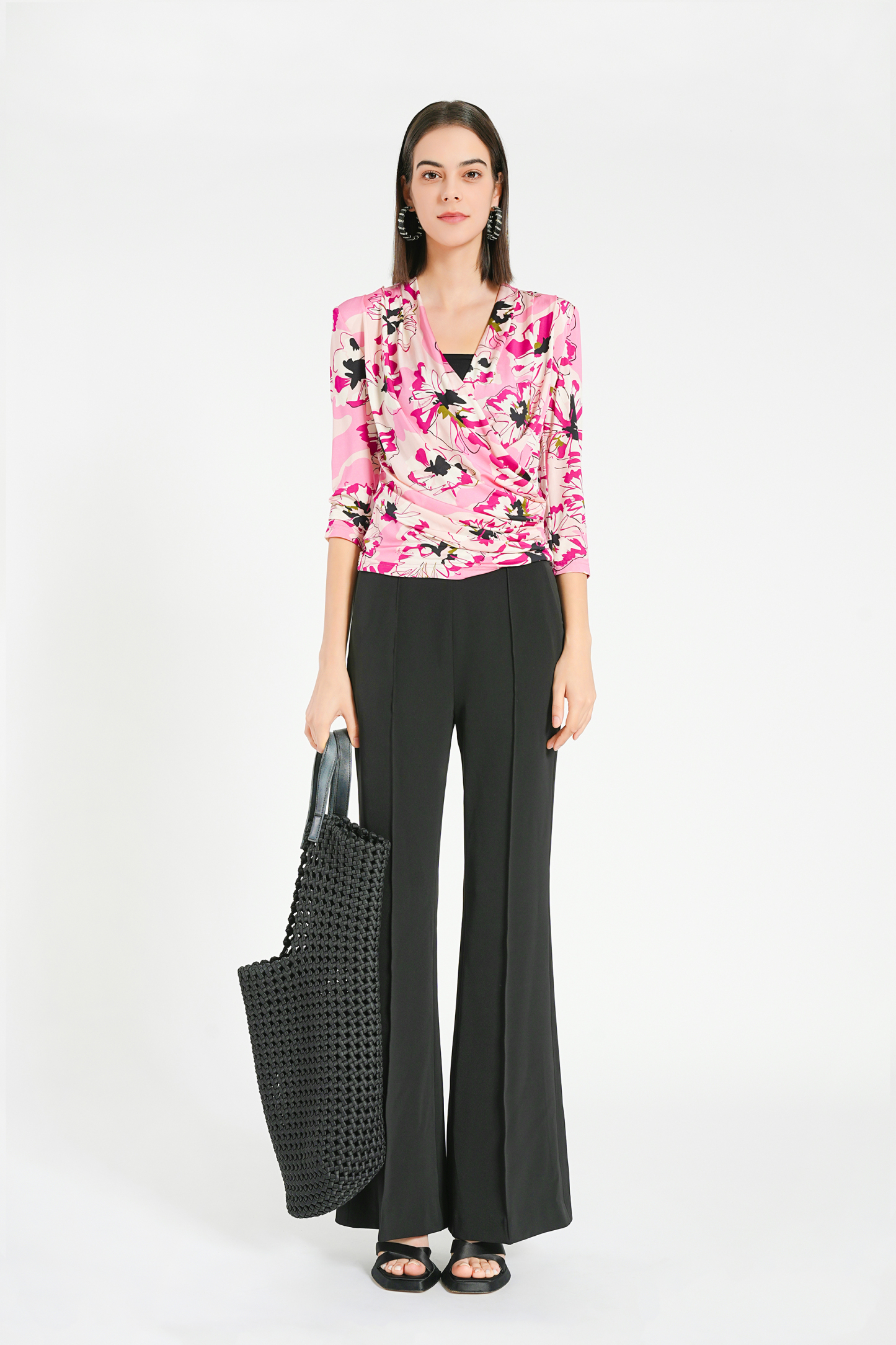 BESIONIA Printed Drawstring Sleeve Blouse