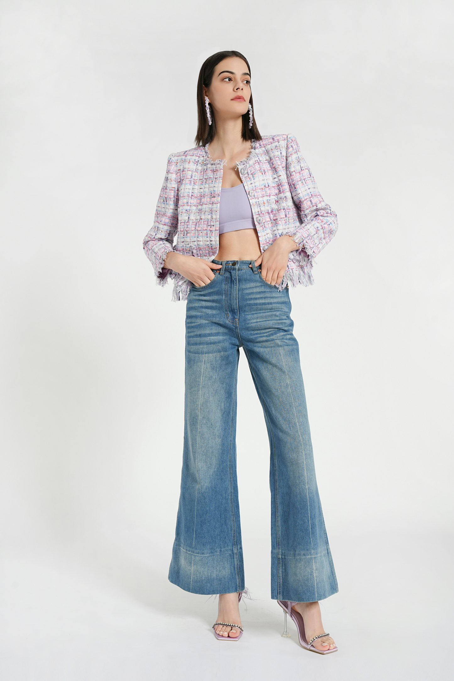 BESIONIA Little Fragrance Purple Check Short Jacket